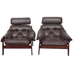 Pair of Rich Dark Brown Leather Percival Lafer High Back Lounge Chairs