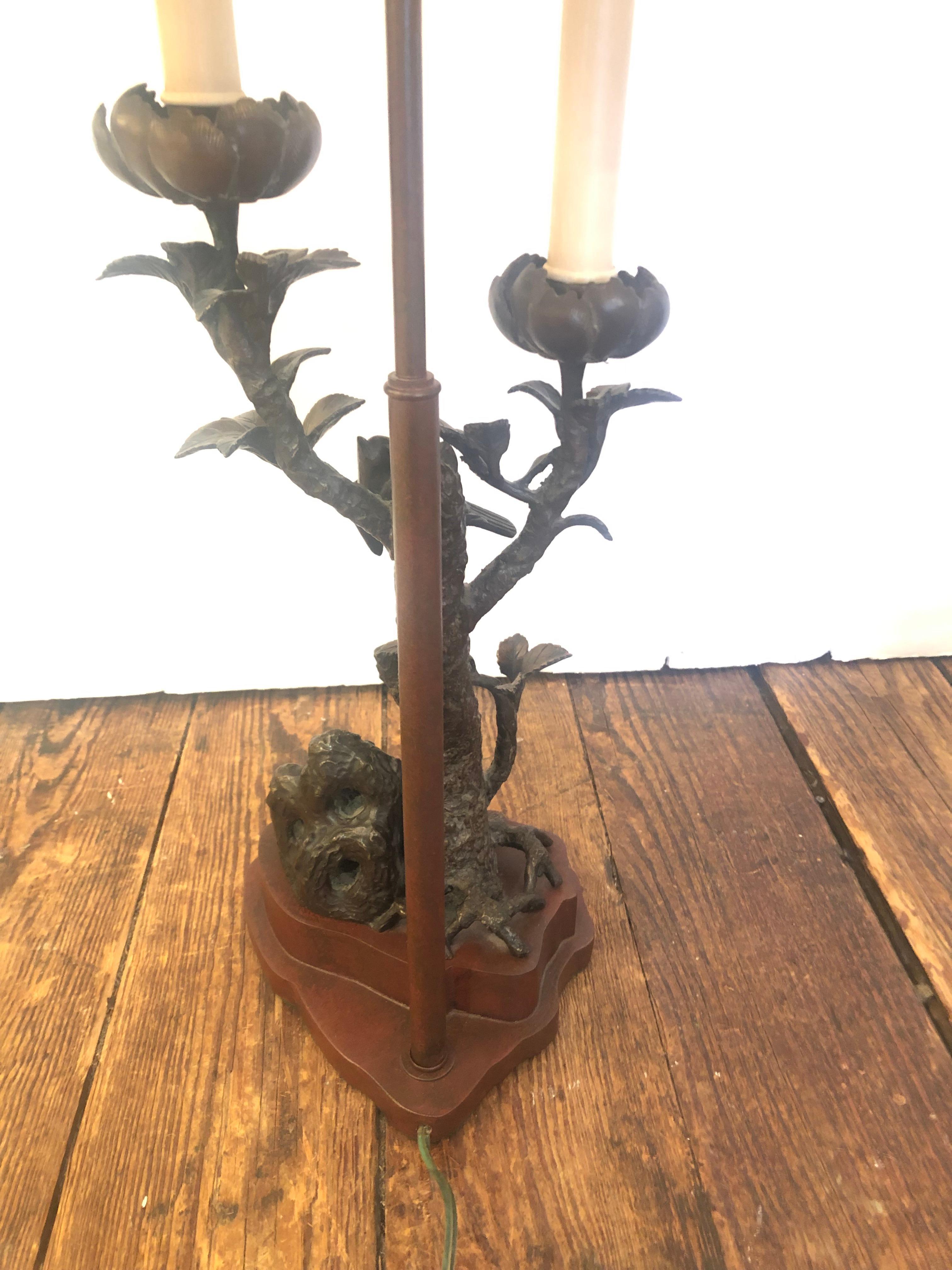 Pair of Rich Elegant Bronze Faux Bois Table Lamps with Birds and Foliage 5