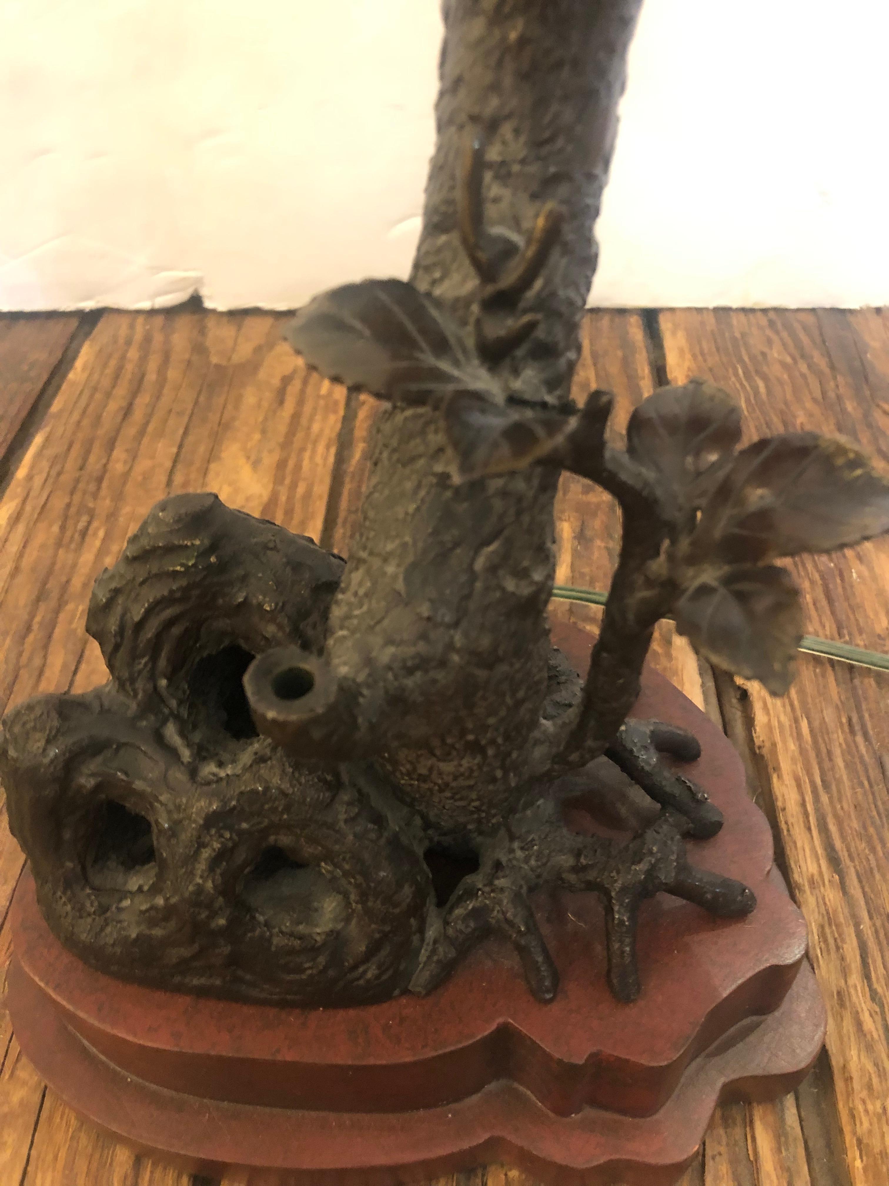 Pair of Rich Elegant Bronze Faux Bois Table Lamps with Birds and Foliage In Good Condition In Hopewell, NJ