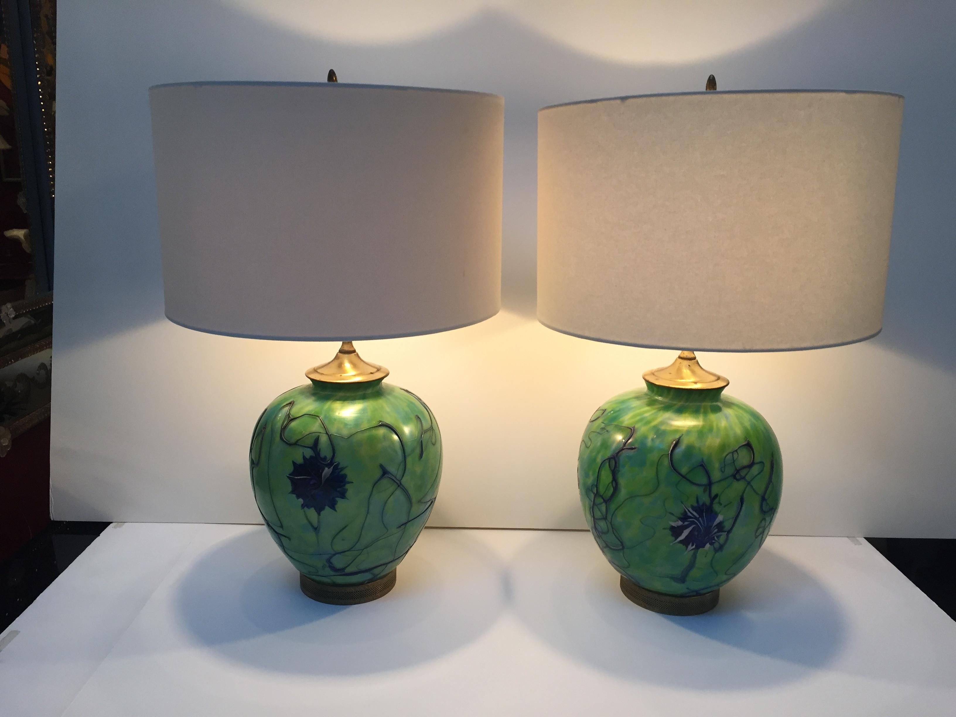 Art Nouveau Pair of Rich Iridized Green Pallme-Koenig Table Lamps