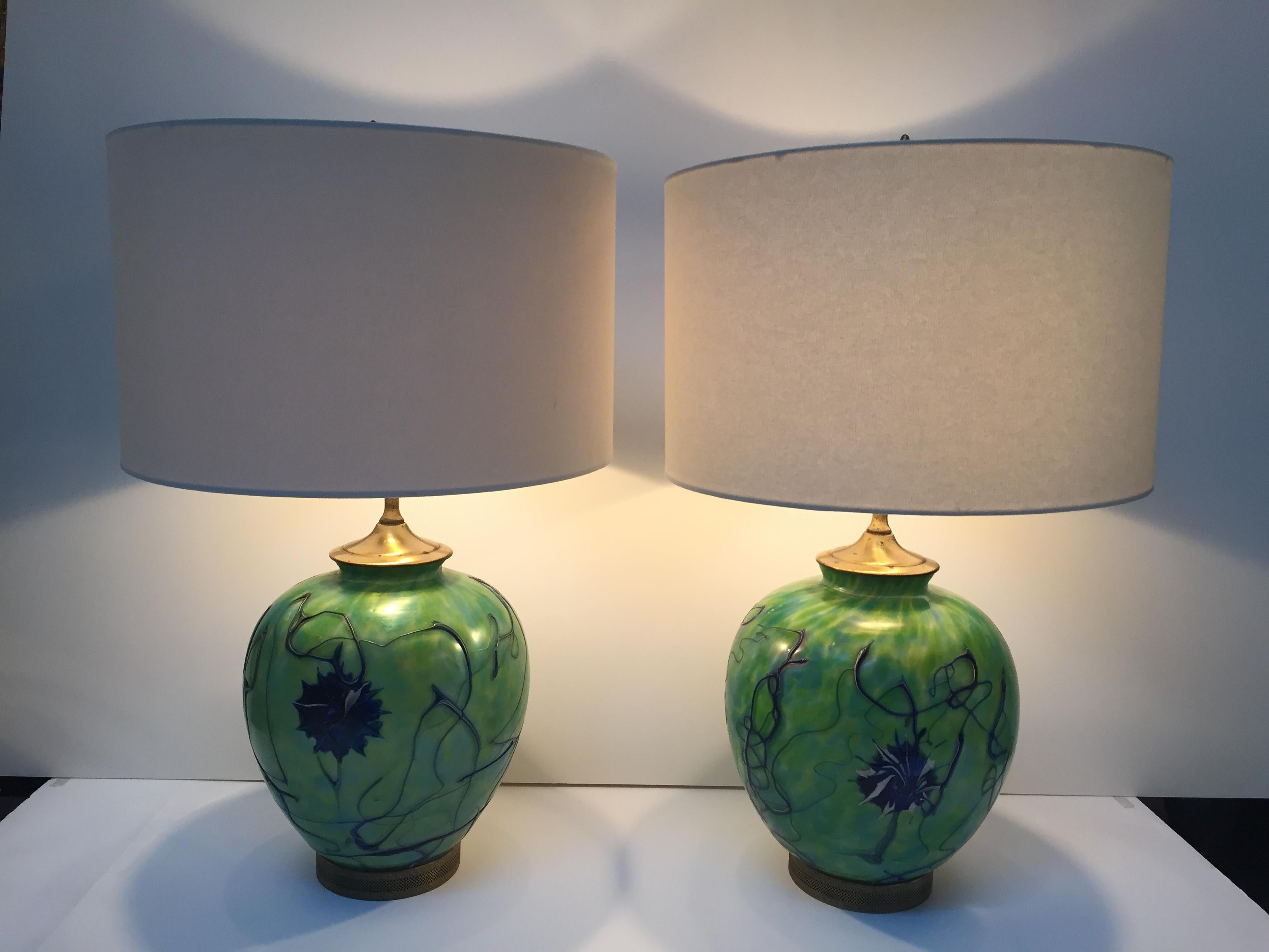 Art Glass Pair of Rich Iridized Green Pallme-Koenig Table Lamps