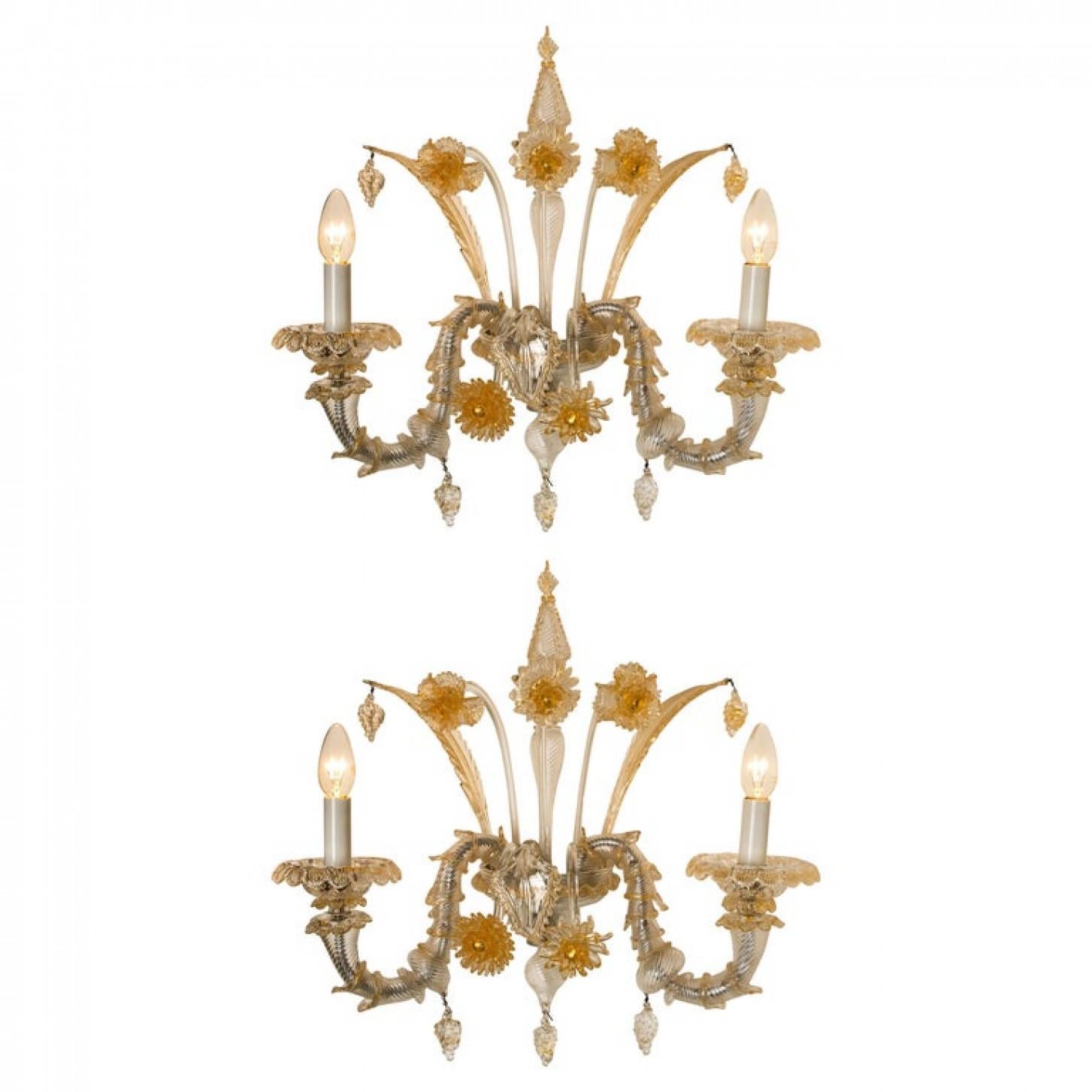 A truly rare and outstanding pair of wall lights, the lights are handmade in ribbed and curled colorless glass with aventurine inclusions. Statement pieces. Beautiful craftsmanship, Venice, Murano, circa 1960.

With grey metal mounting, central
