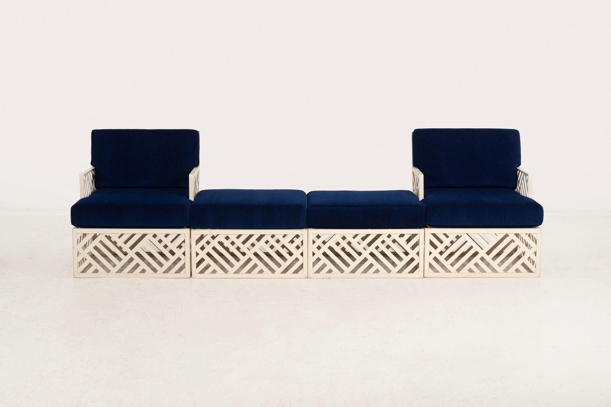 Pair of Richard L. Sandfort Aluminum Lounge Chairs and Ottomans, 1950
Freshly Upholstered in Holly Hunt “Birds of Paradise,” Beta Blue
A sculptural and rare outdoor seating set by Richard L. Sandfort, Inc., circa 1950, comprising a pair of lounge