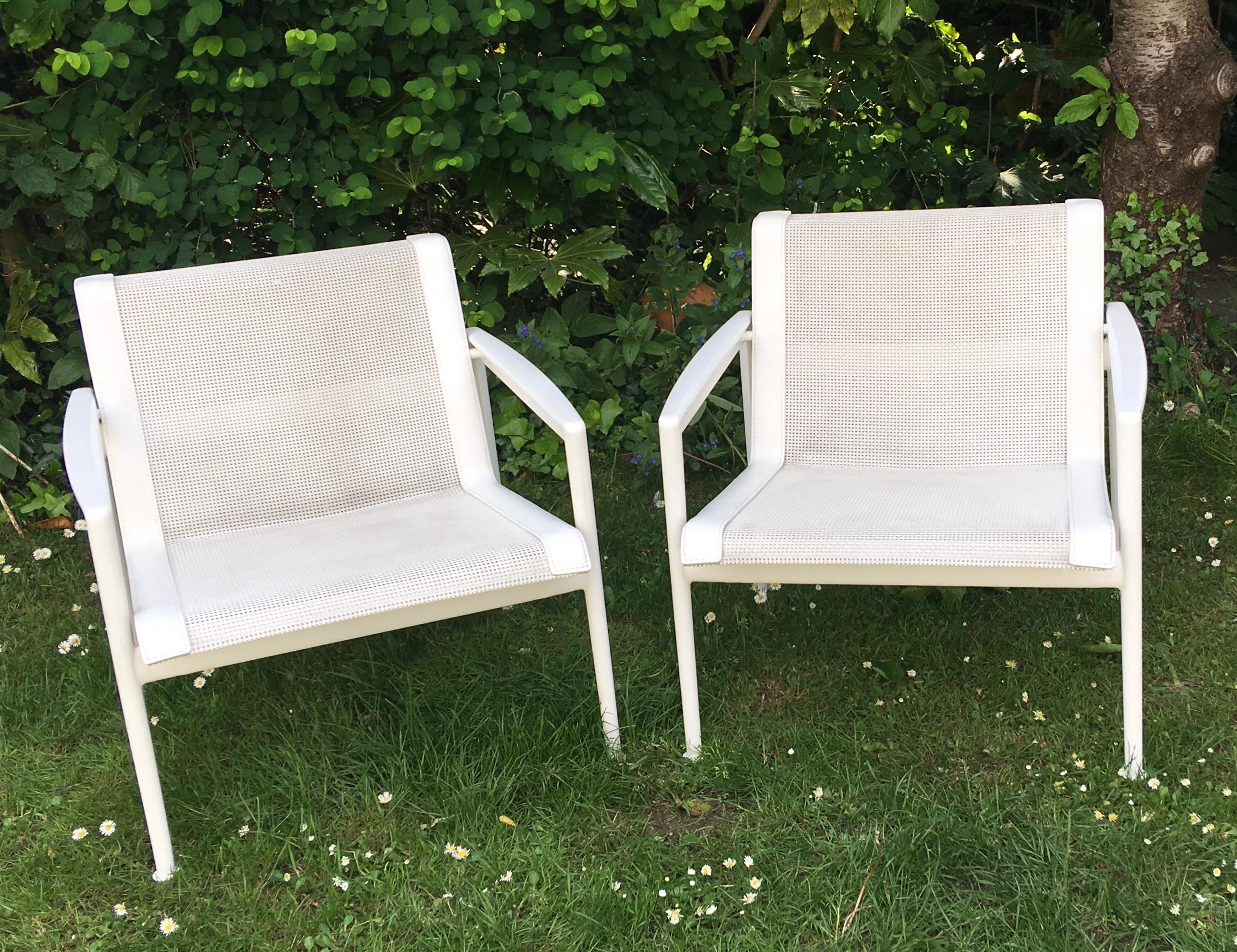 Richard Schultz 1966 series originally and still produced by Knoll. This pair were produced by B & B Italia, who produced elements of the 1966 range for a period. 

Timeless classic outdoor lounge chair with arms Model no. 1966-25. Seat and back are