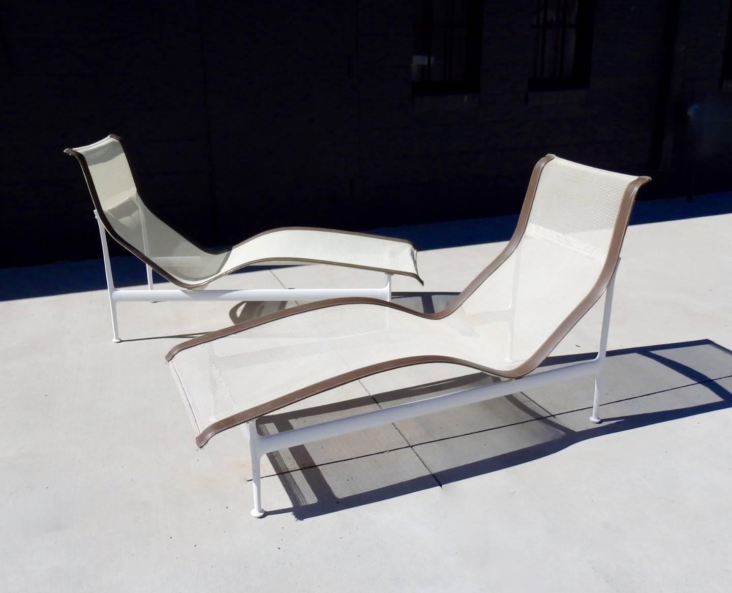 Pair of Schultz for Knoll chaise lounges. Introduced in 1966 at the request of Florence Knoll , who, tired of rusty outdoor furniture asked for outdoor furniture that could stand up to Floridas moist and salty weather. This pair looks to be new old