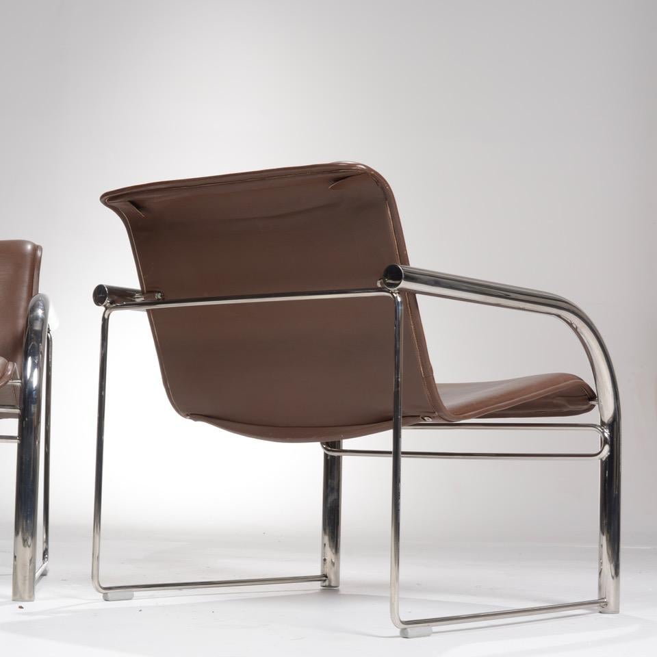 Pair of Richard Schultz Leather and Chrome RS48 Lounge Chairs 1