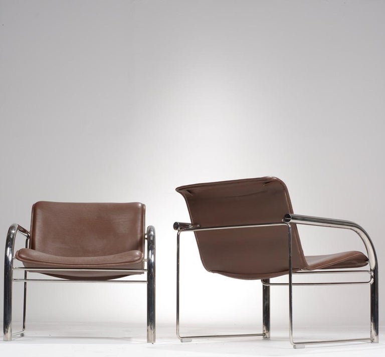 Pair of Richard Schultz Leather and Chrome RS48 Lounge Chairs at
