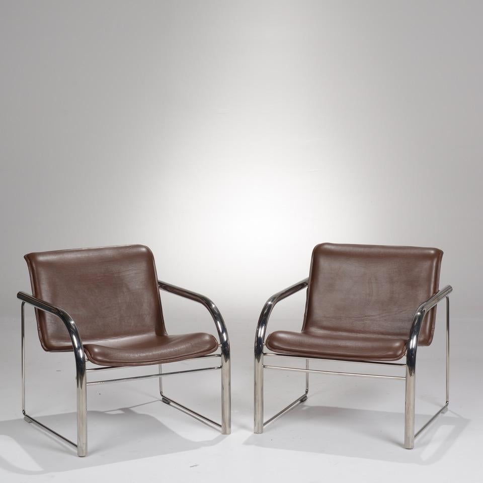 Pair of Richard Schultz Leather and Chrome RS48 Lounge Chairs In Good Condition In Los Angeles, CA