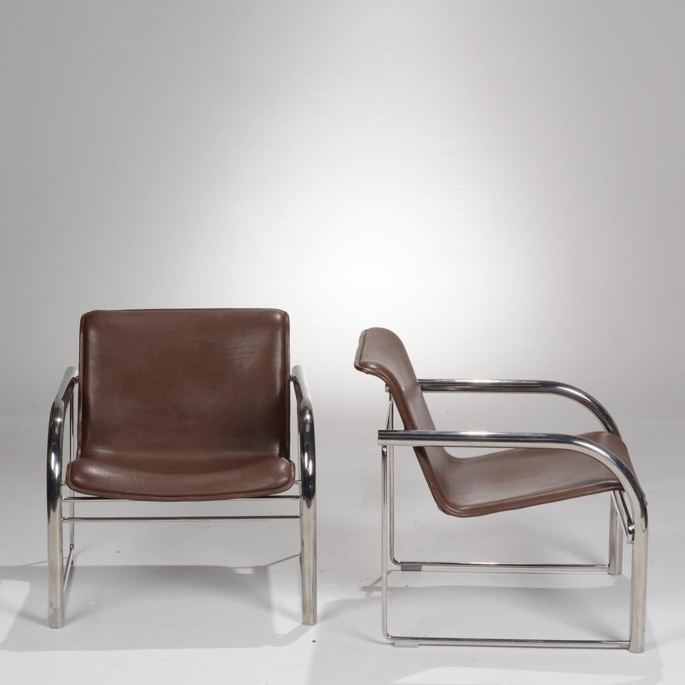 Late 20th Century Pair of Richard Schultz Leather and Chrome RS48 Lounge Chairs