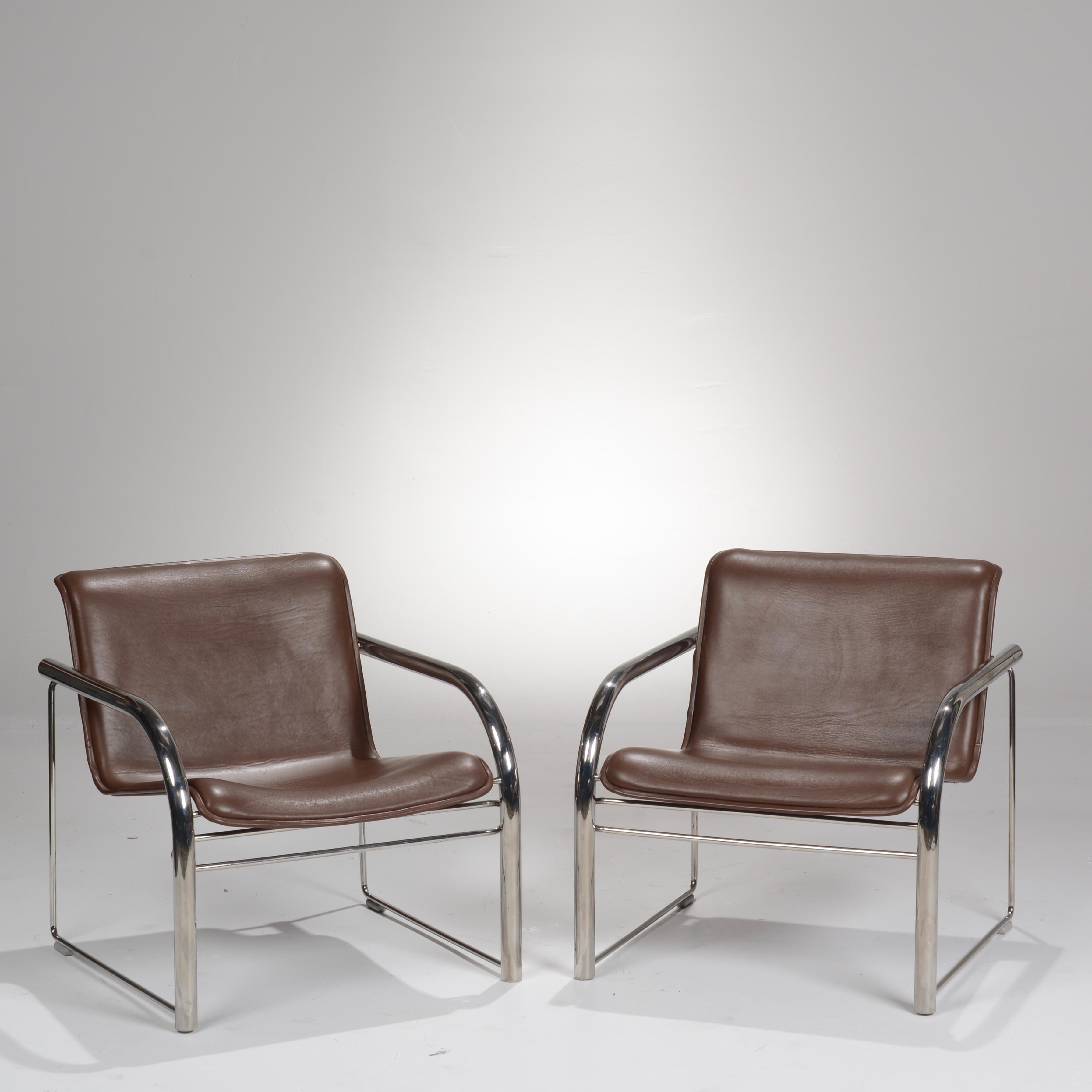 Pair of Richard Schultz Leather and Chrome RS48 Lounge Chairs