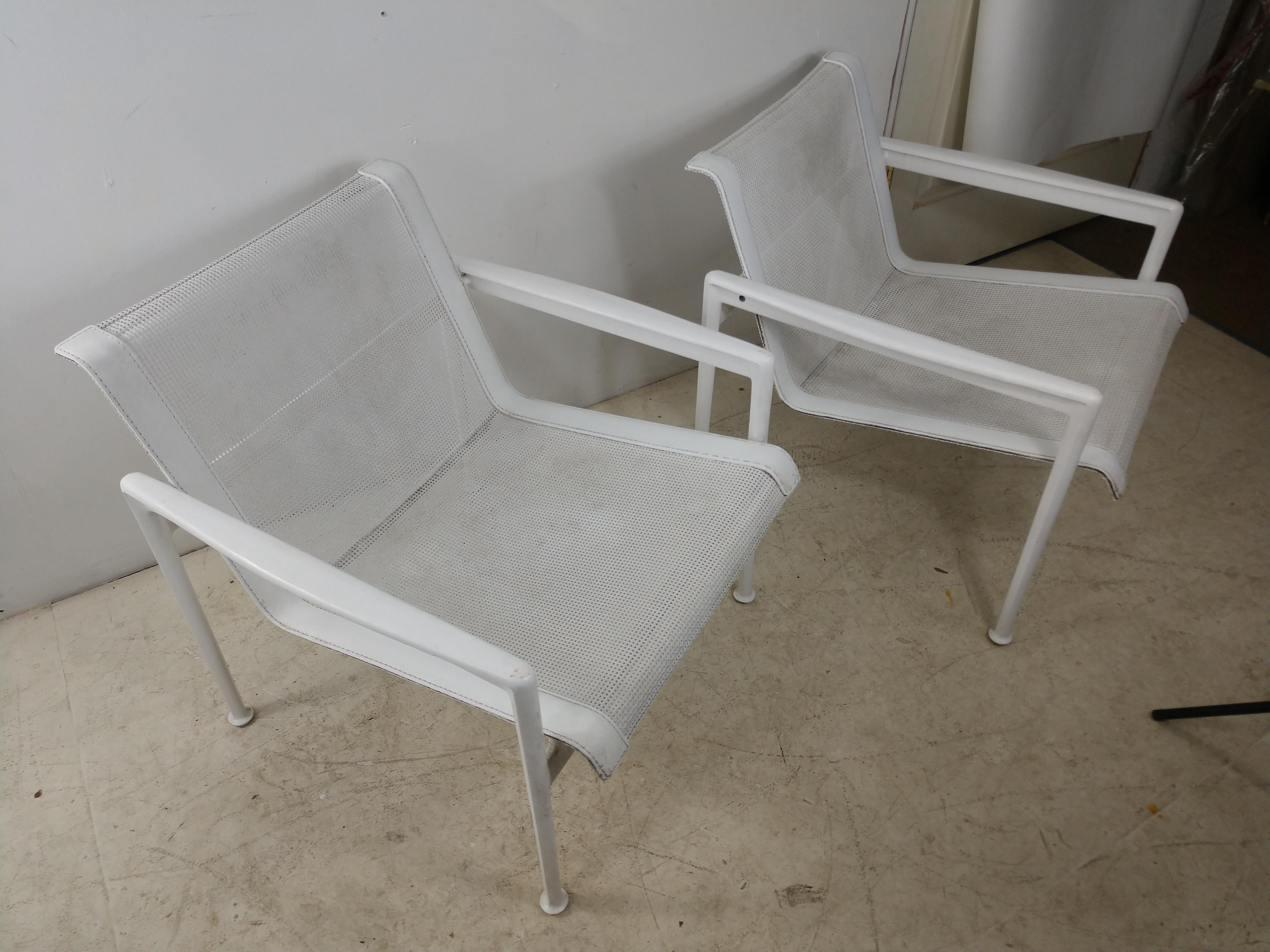 Fabulous pair of lounge chairs by Richard Schultz for Knoll in white leather and coated aluminum with nylon mesh seats. Chairs are from mid-1970s. And in great vintage condition with minimal wear. Sold as a pair, priced individually. Seat height is