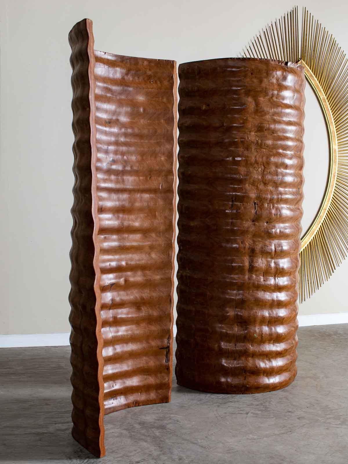 Carved Pair of Richard Serra Inspired Tall Solid Teak Sculptures, circa 2000 For Sale