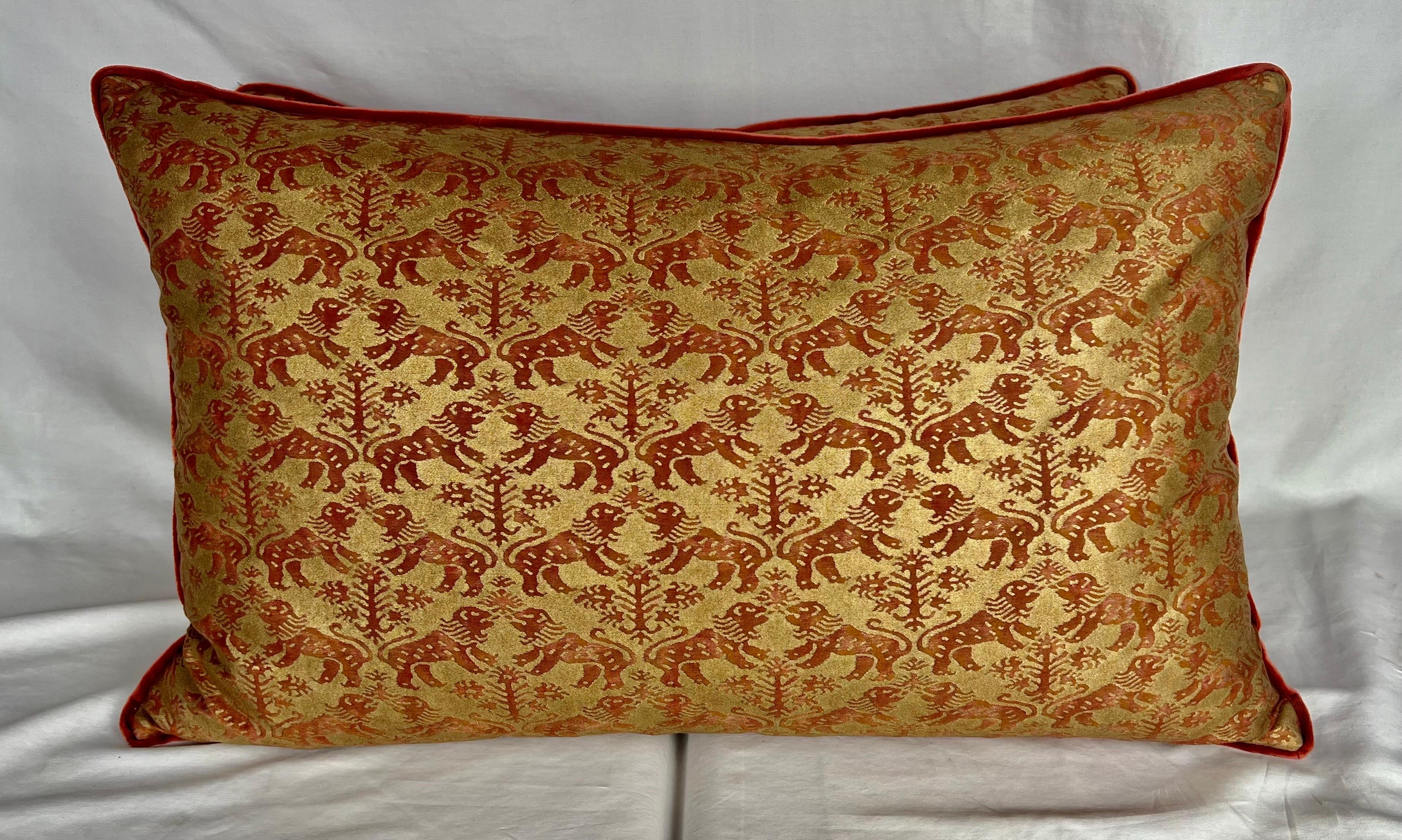 Newly constructed using vintage unused rust and silvery gold patterned Fortuny textile. 