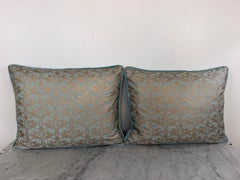 Pair of Richelieu Lions in Aquamarine and Gold Velvet Fortuny Pillows