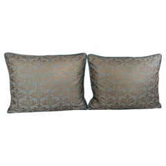 Pair of Richelieu Lions in Aquamarine and Gold Velvet Fortuny Pillows
