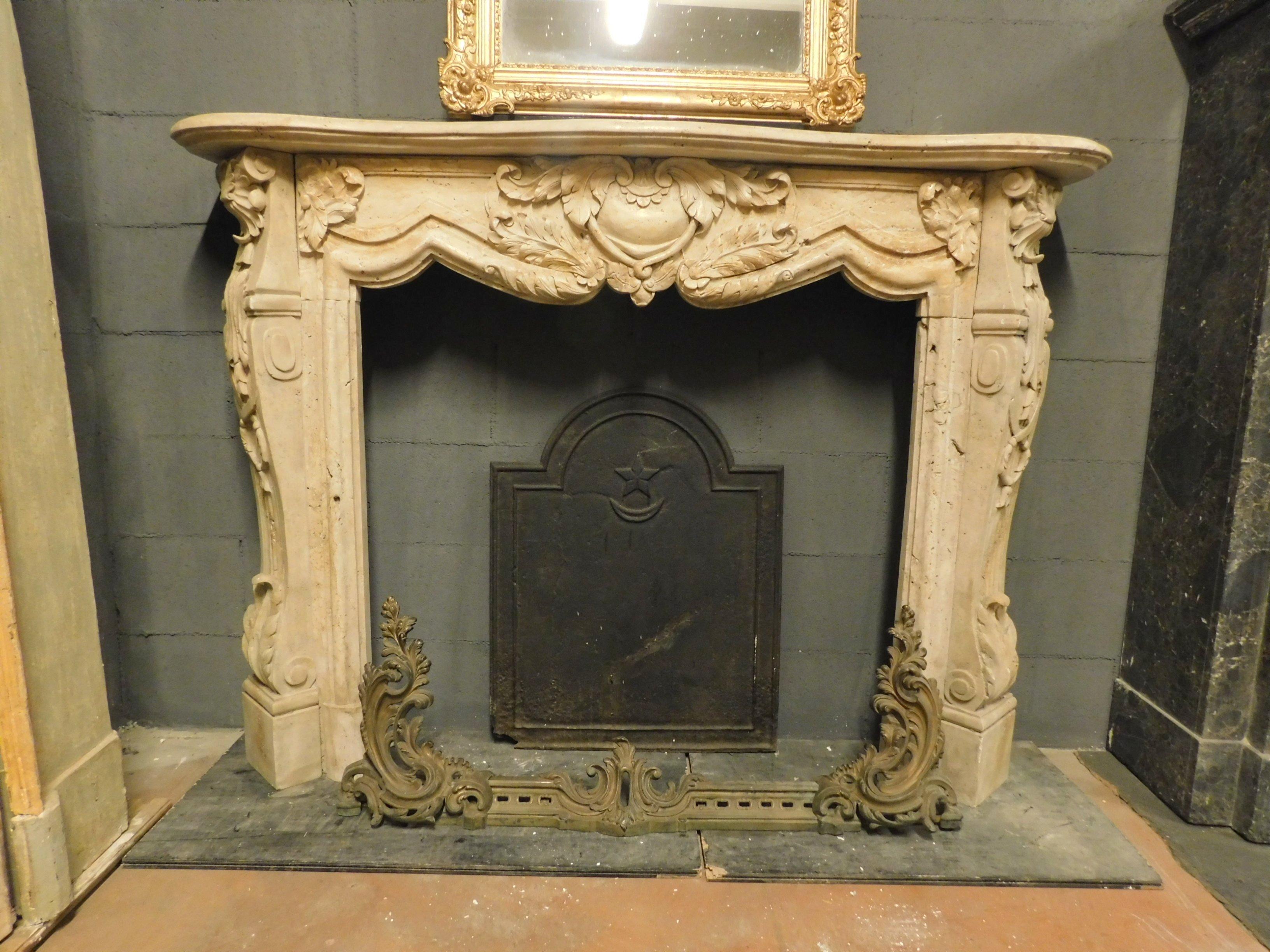 20th Century Richly Carved Straw Yellow Marble Fireplace mantle, Eclectic Early 1900s