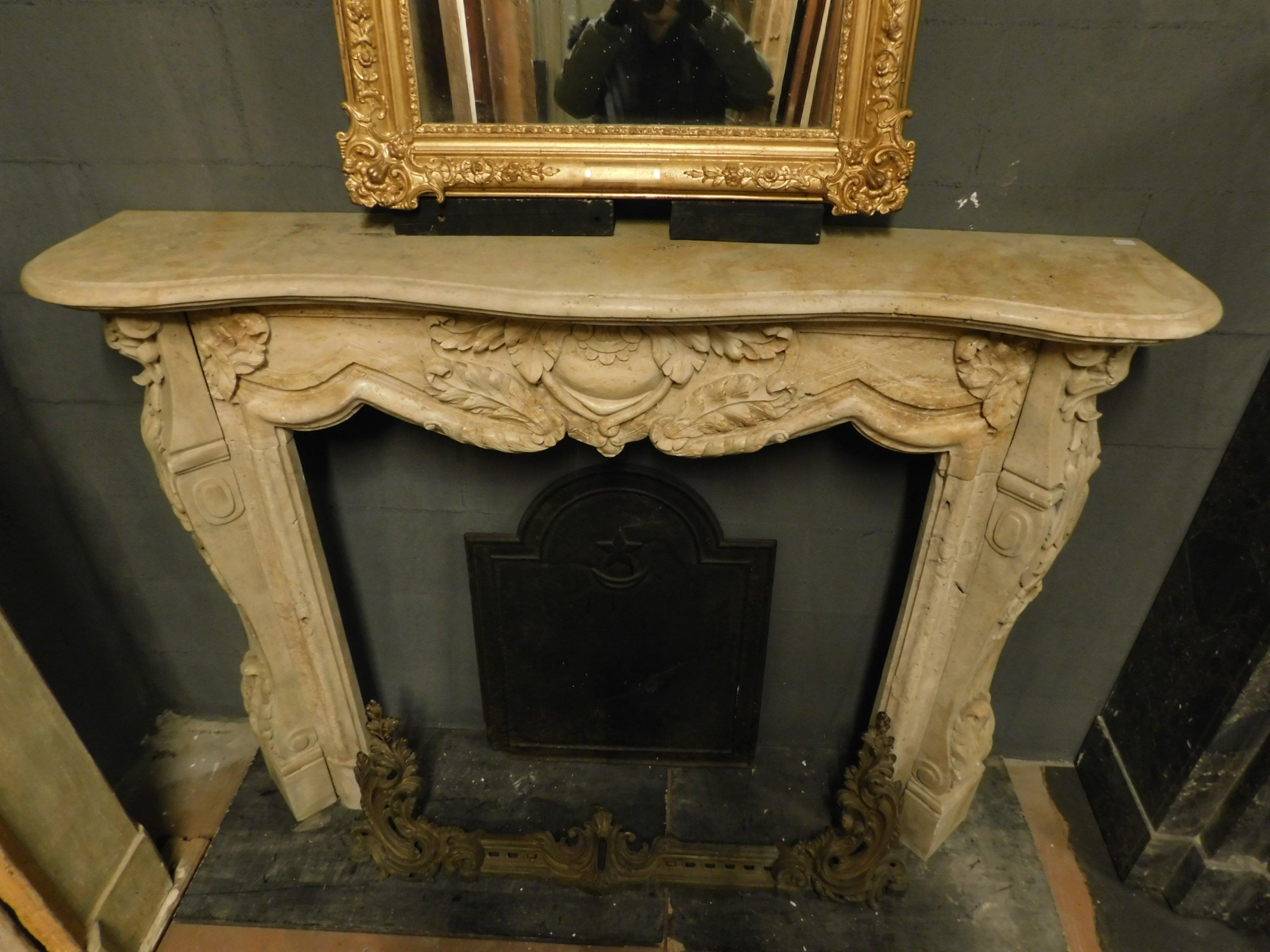 Richly Carved Straw Yellow Marble Fireplace mantle, Eclectic Early 1900s 1