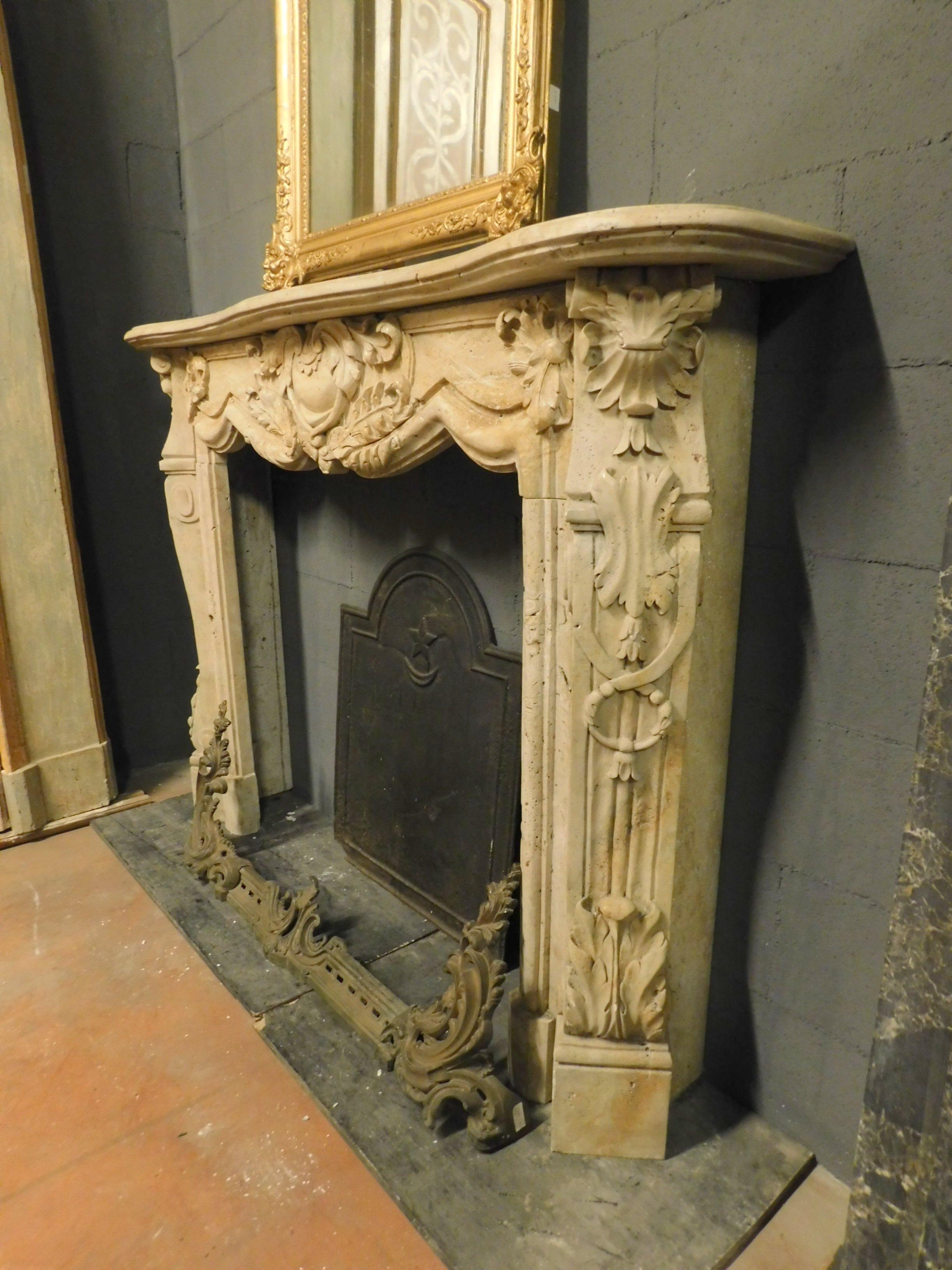 Richly Carved Straw Yellow Marble Fireplace mantle, Eclectic Early 1900s 2