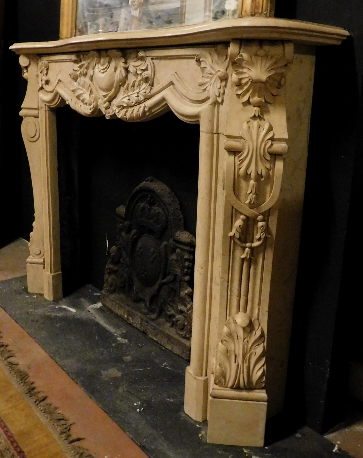 Richly Carved Straw Yellow Marble Fireplace mantle, Eclectic Early 1900s 4