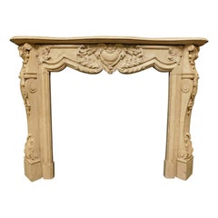 Richly Carved Straw Yellow Marble Fireplace mantle, Eclectic Early 1900s