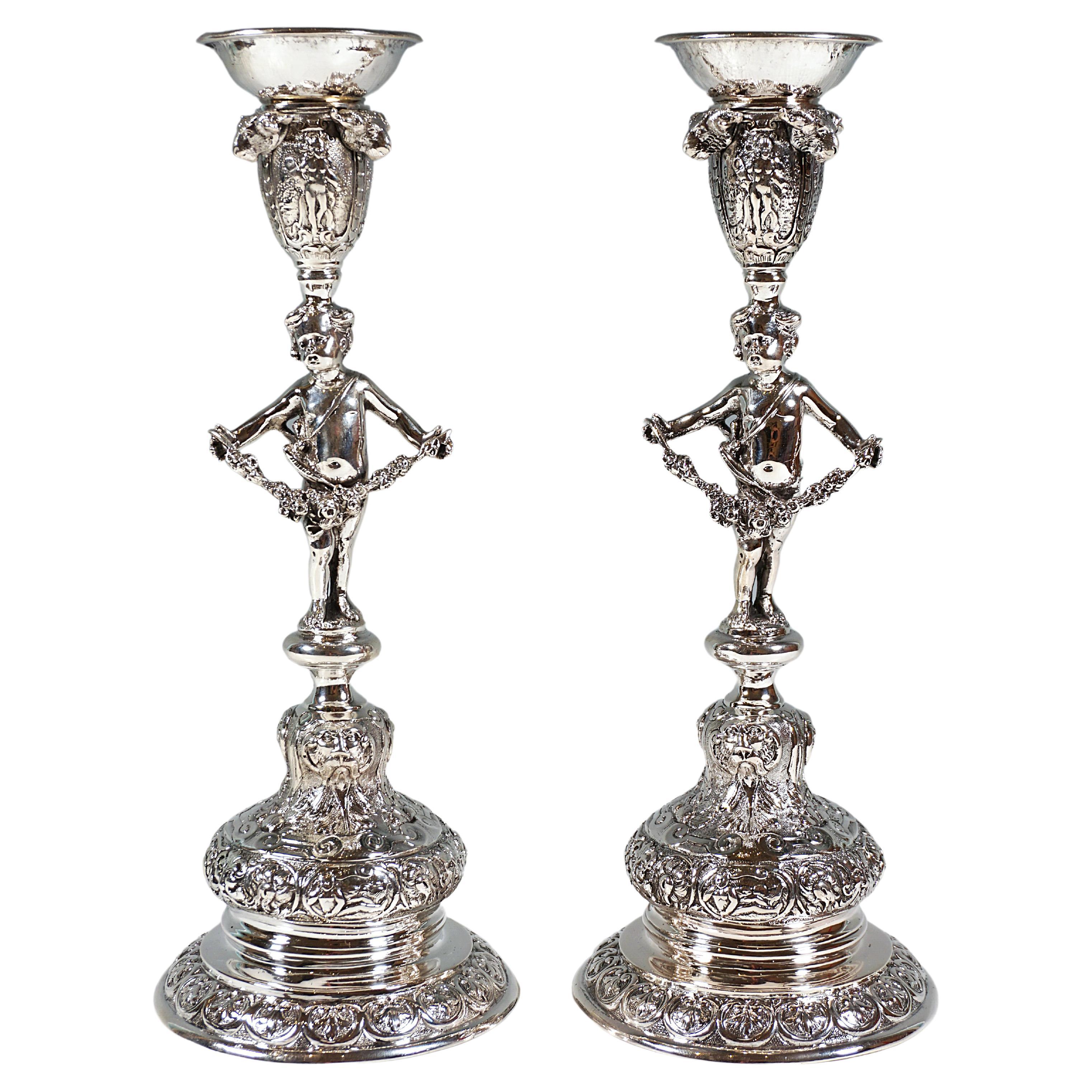 Pair Of Richly Decorated Art Nouveau Candlesticks With Putto, Vienna, Ca 1890 For Sale