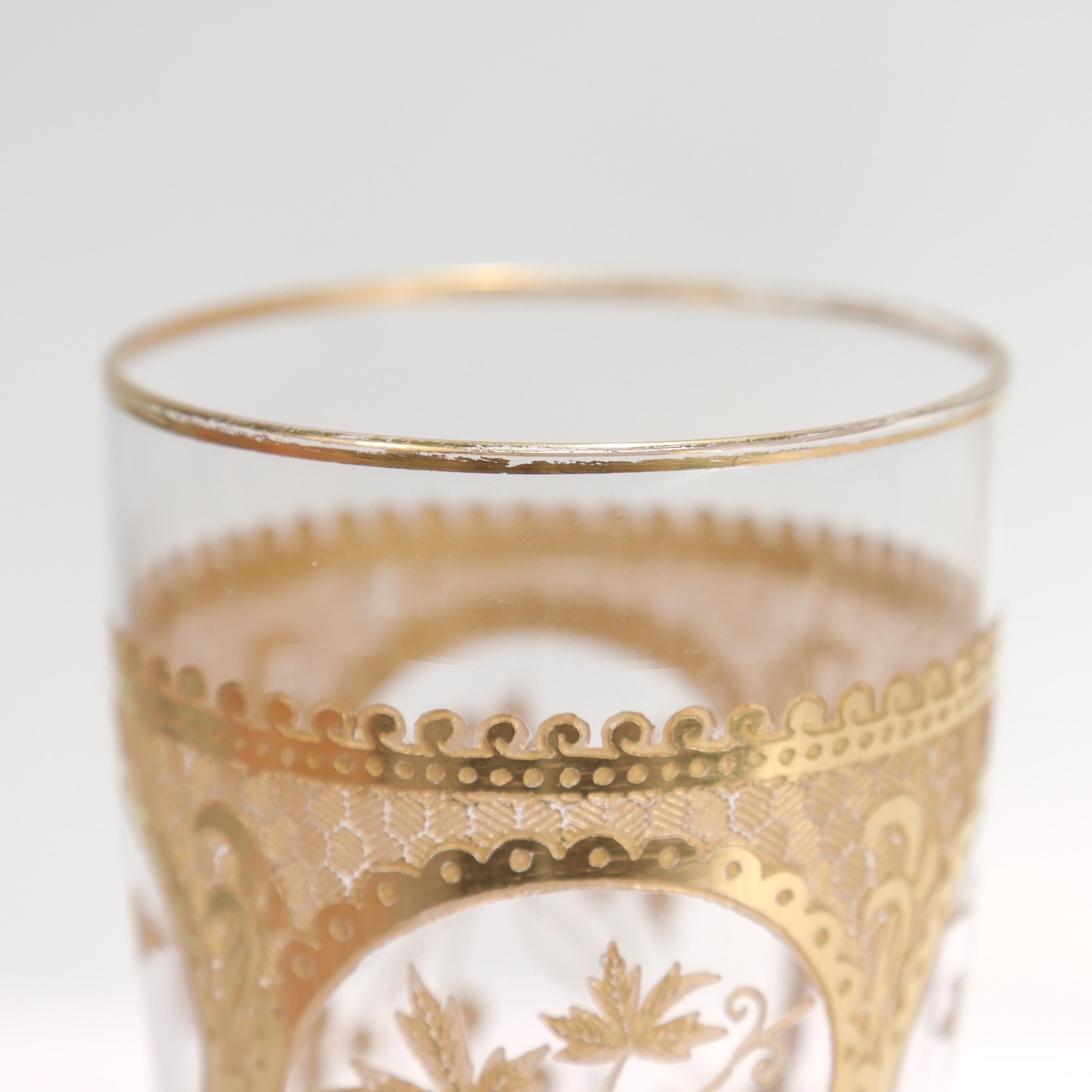 Pair of Richly Gilt Antique Etched & Cut Glass Champagne Stems or Flutes 6