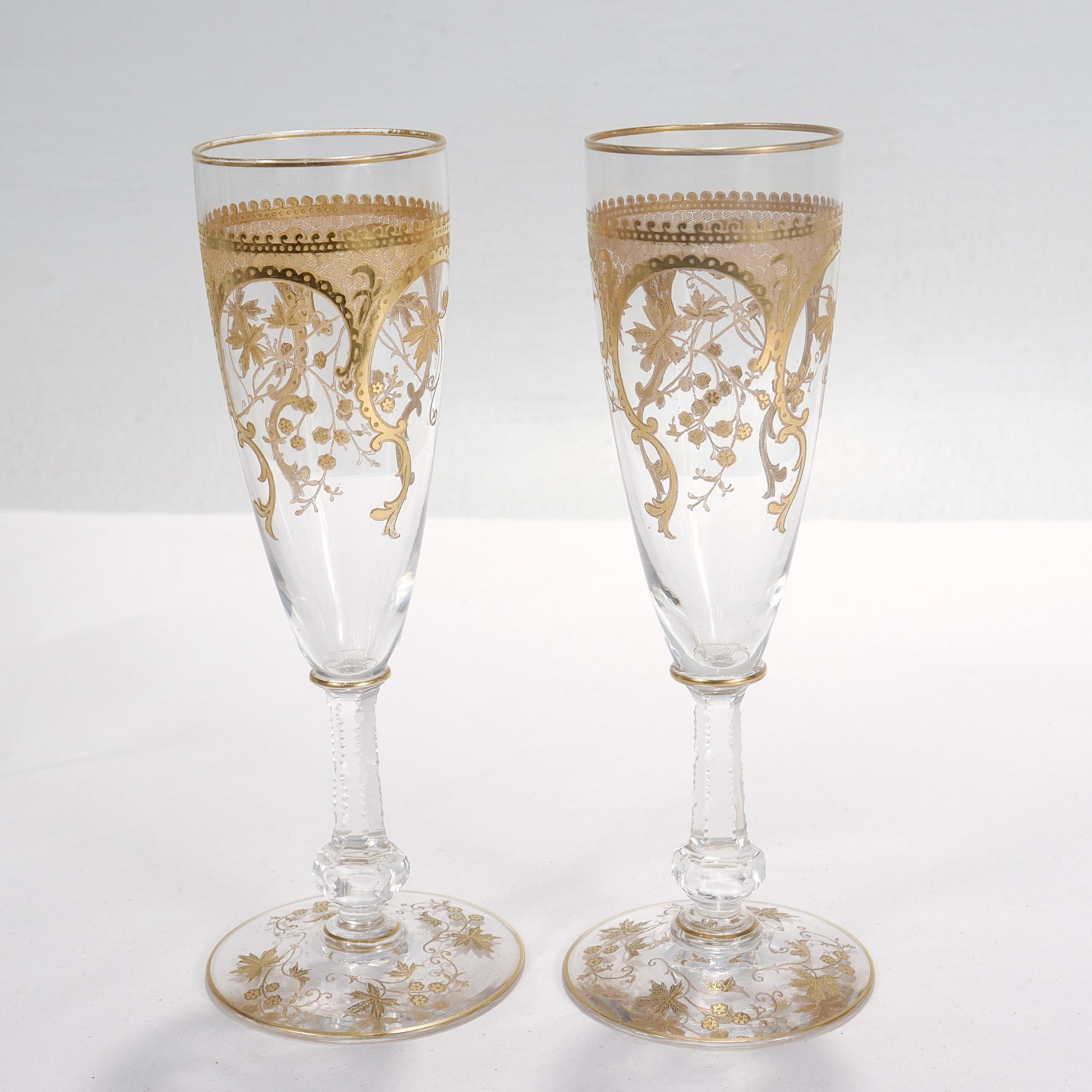 Pair of Richly Gilt Antique Etched & Cut Glass Champagne Stems or Flutes  In Good Condition In Philadelphia, PA