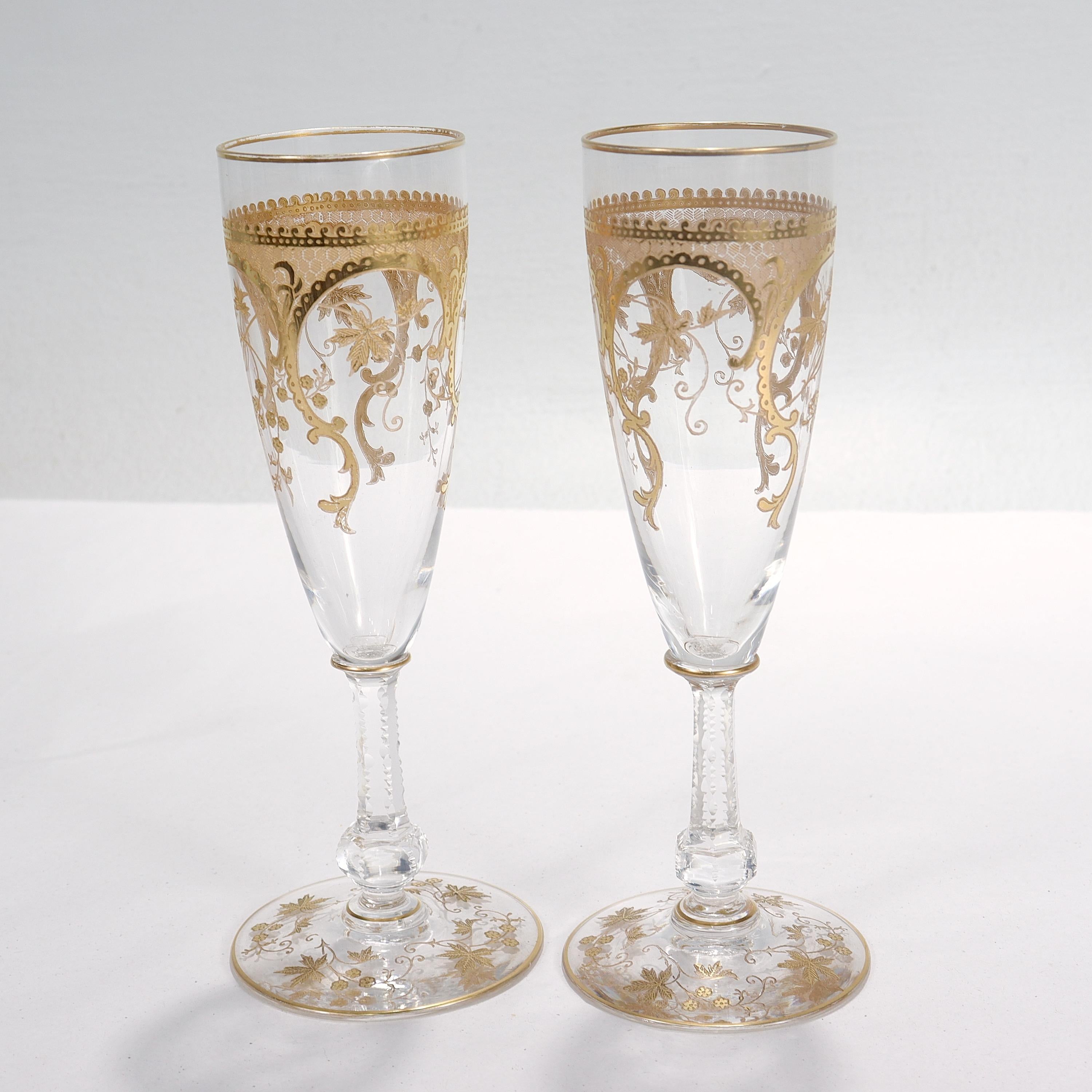 20th Century Pair of Richly Gilt Antique Etched & Cut Glass Champagne Stems or Flutes 
