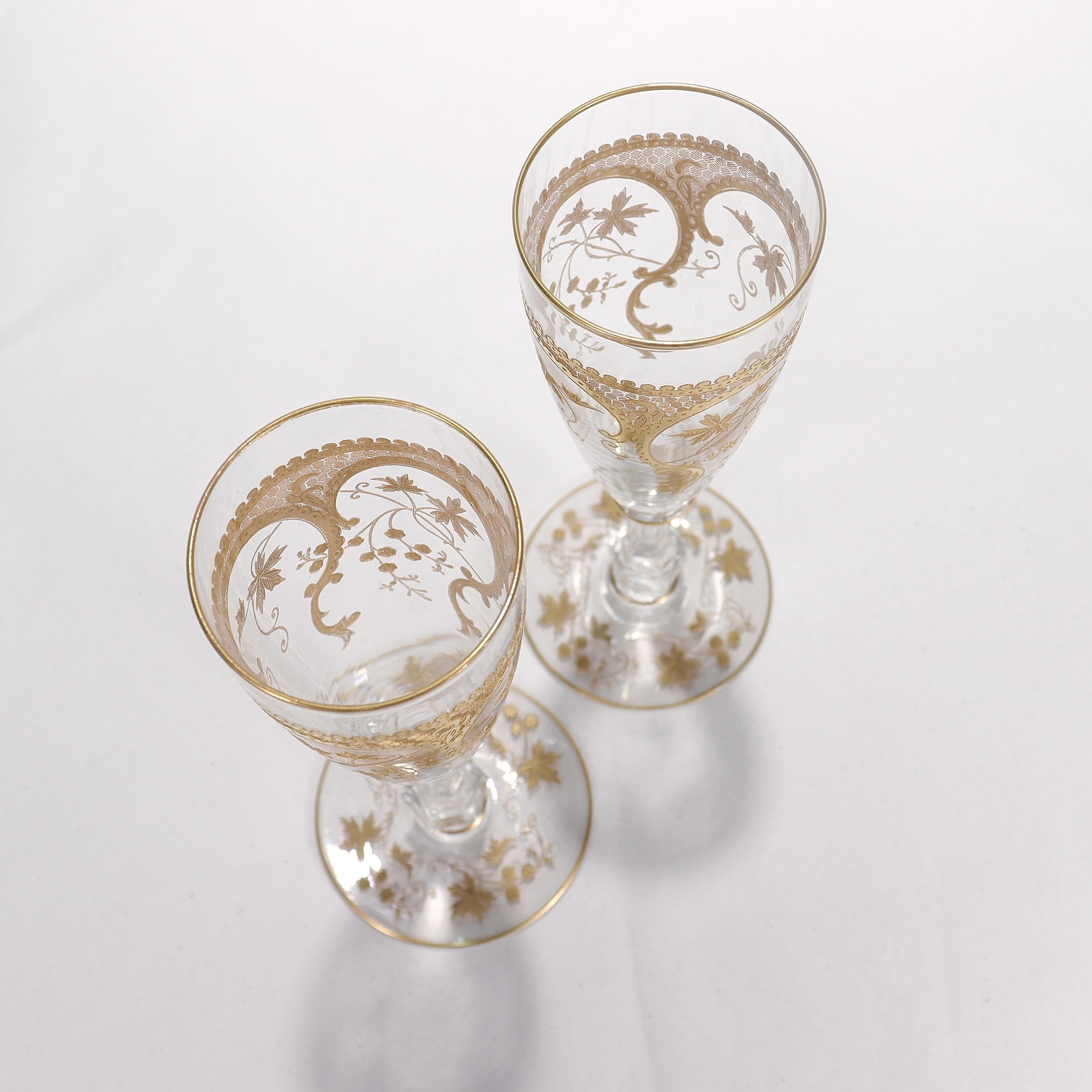 Pair of Richly Gilt Antique Etched & Cut Glass Champagne Stems or Flutes  1