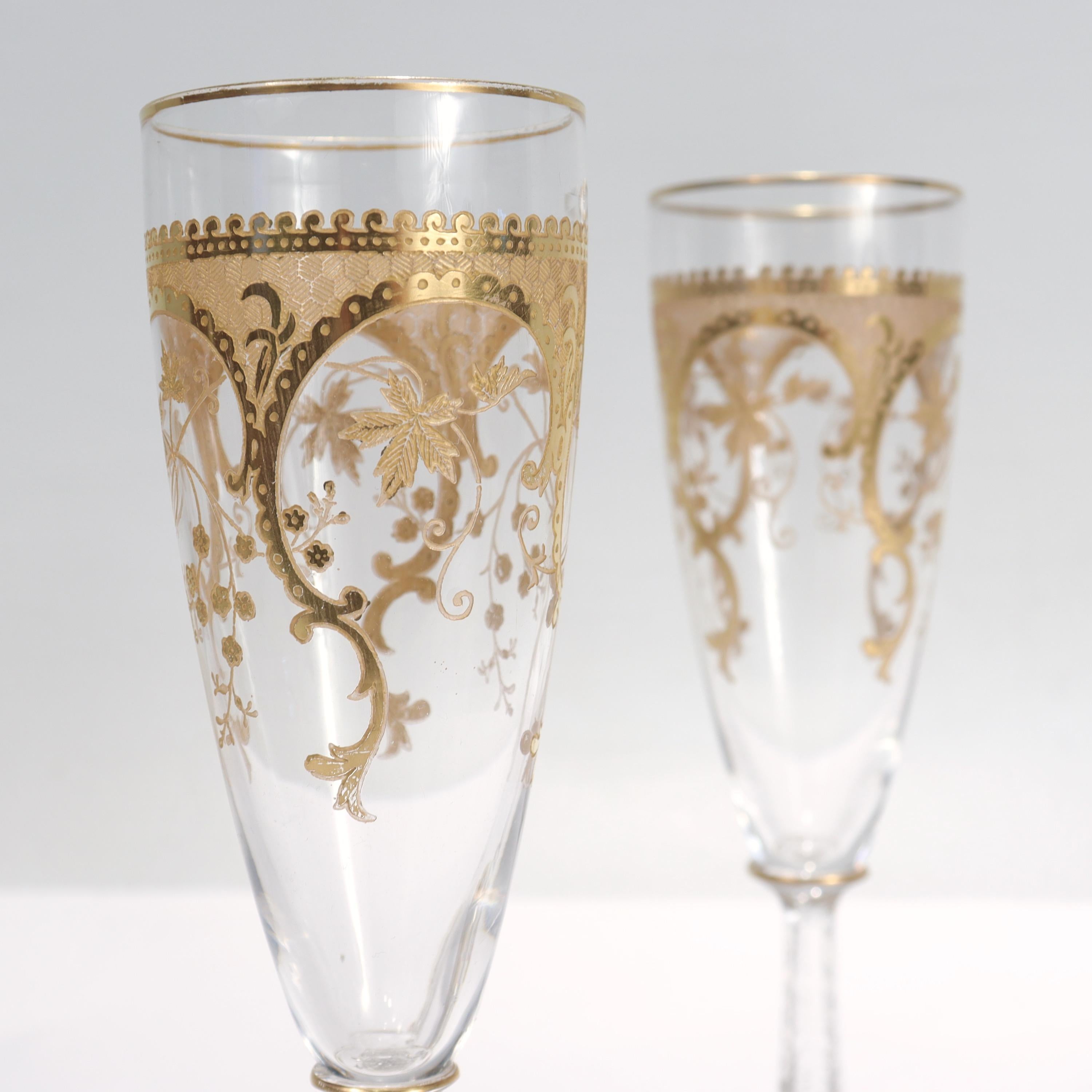 Pair of Richly Gilt Antique Etched & Cut Glass Champagne Stems or Flutes  3