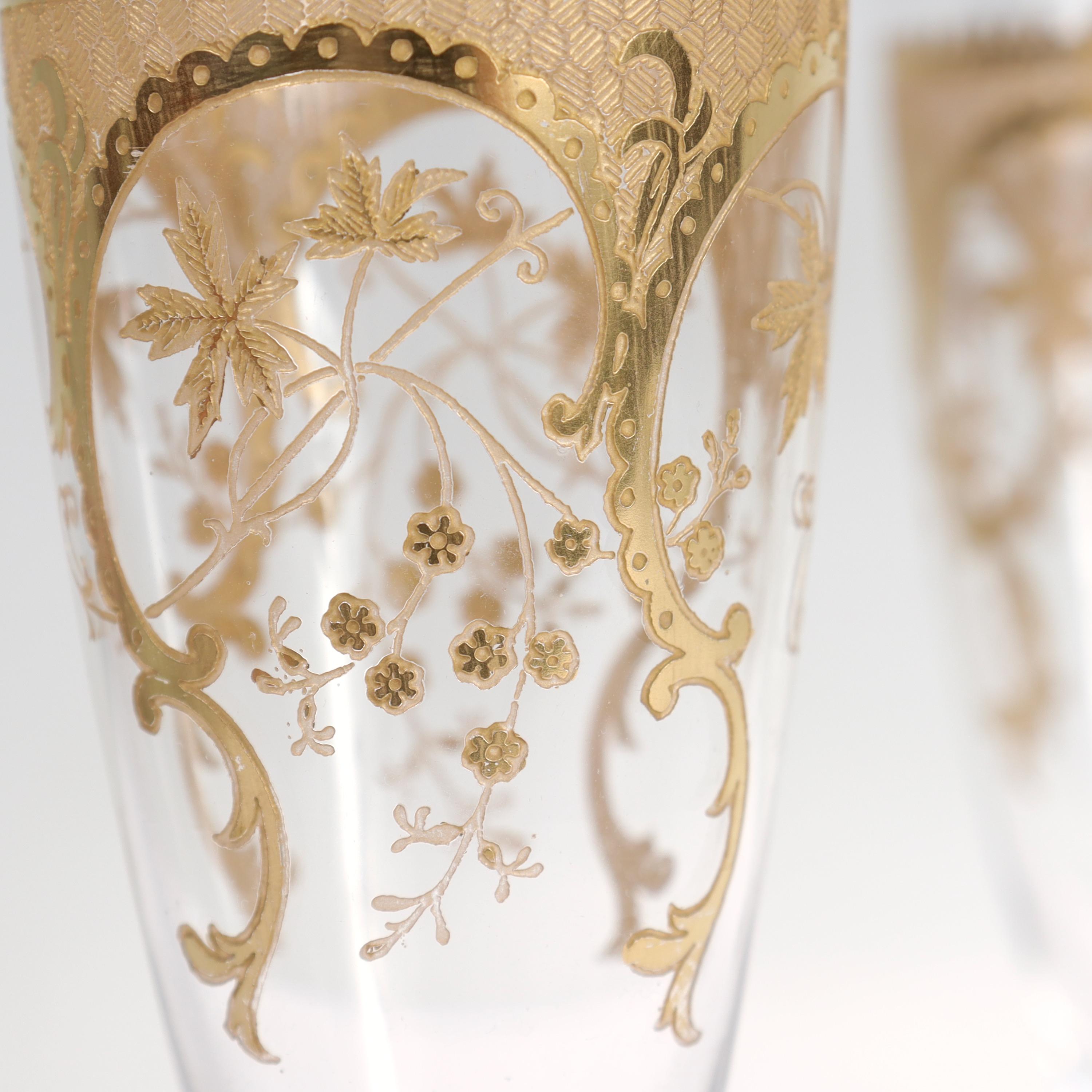 Pair of Richly Gilt Antique Etched & Cut Glass Champagne Stems or Flutes  4