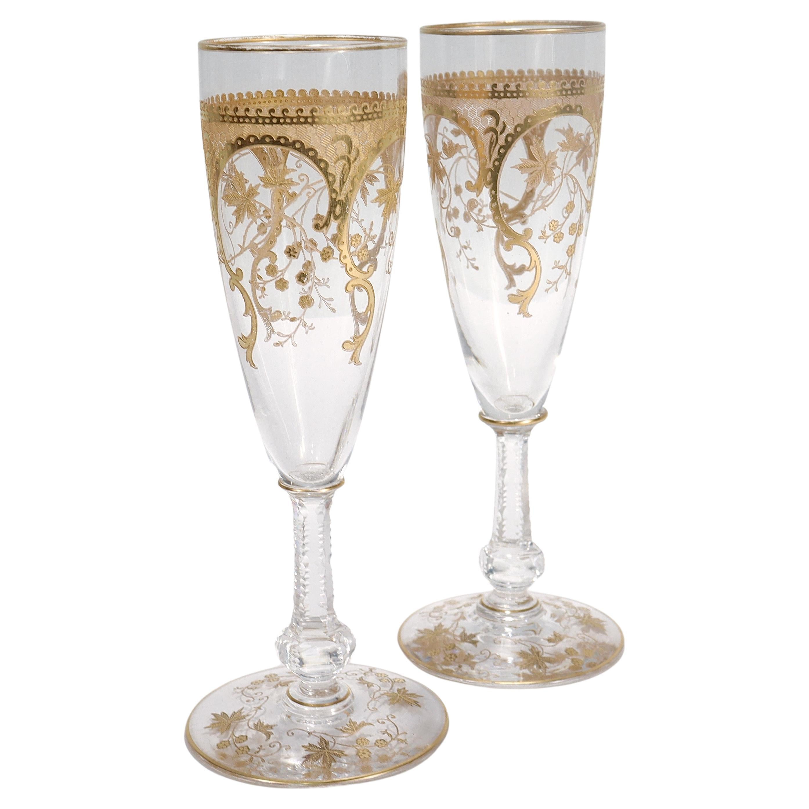 Pair of Richly Gilt Antique Etched & Cut Glass Champagne Stems or Flutes 