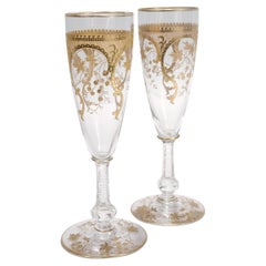 Pair of Richly Gilt Antique Etched & Cut Glass Champagne Stems or Flutes 