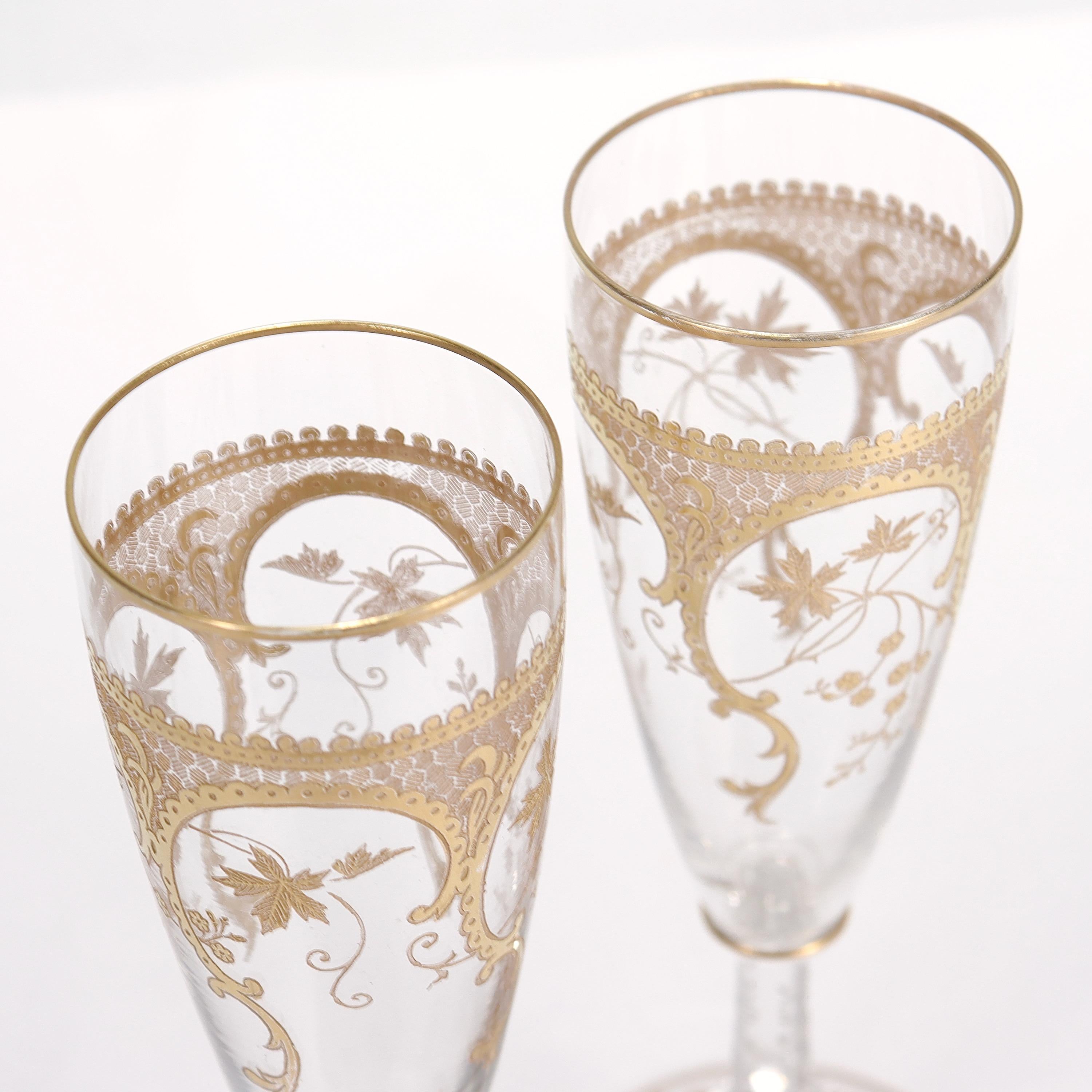 Pair of Richly Gilt Antique Etched & Cut Glass Champagne Stems / Toasting Flutes 6
