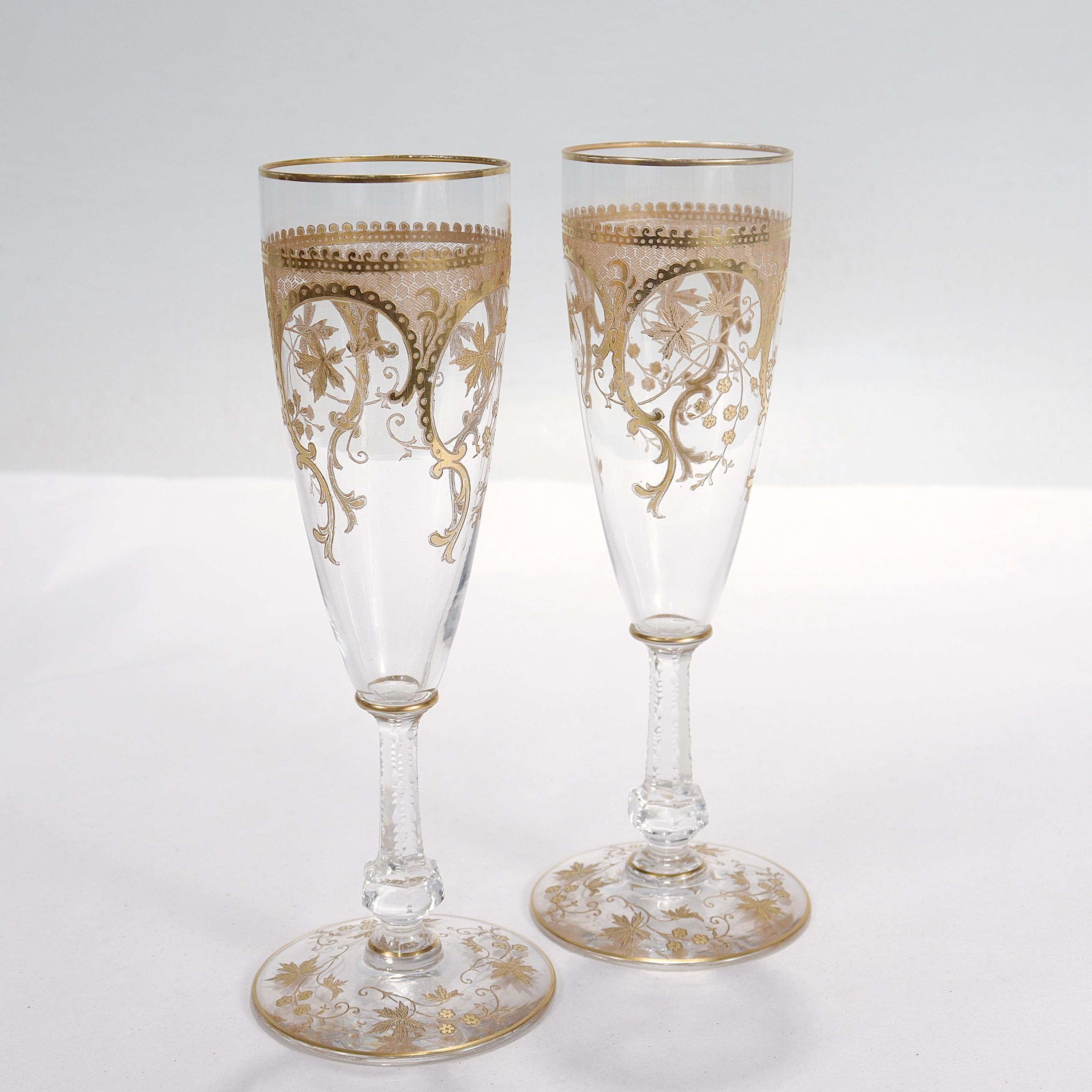 Unknown Pair of Richly Gilt Antique Etched & Cut Glass Champagne Stems / Toasting Flutes