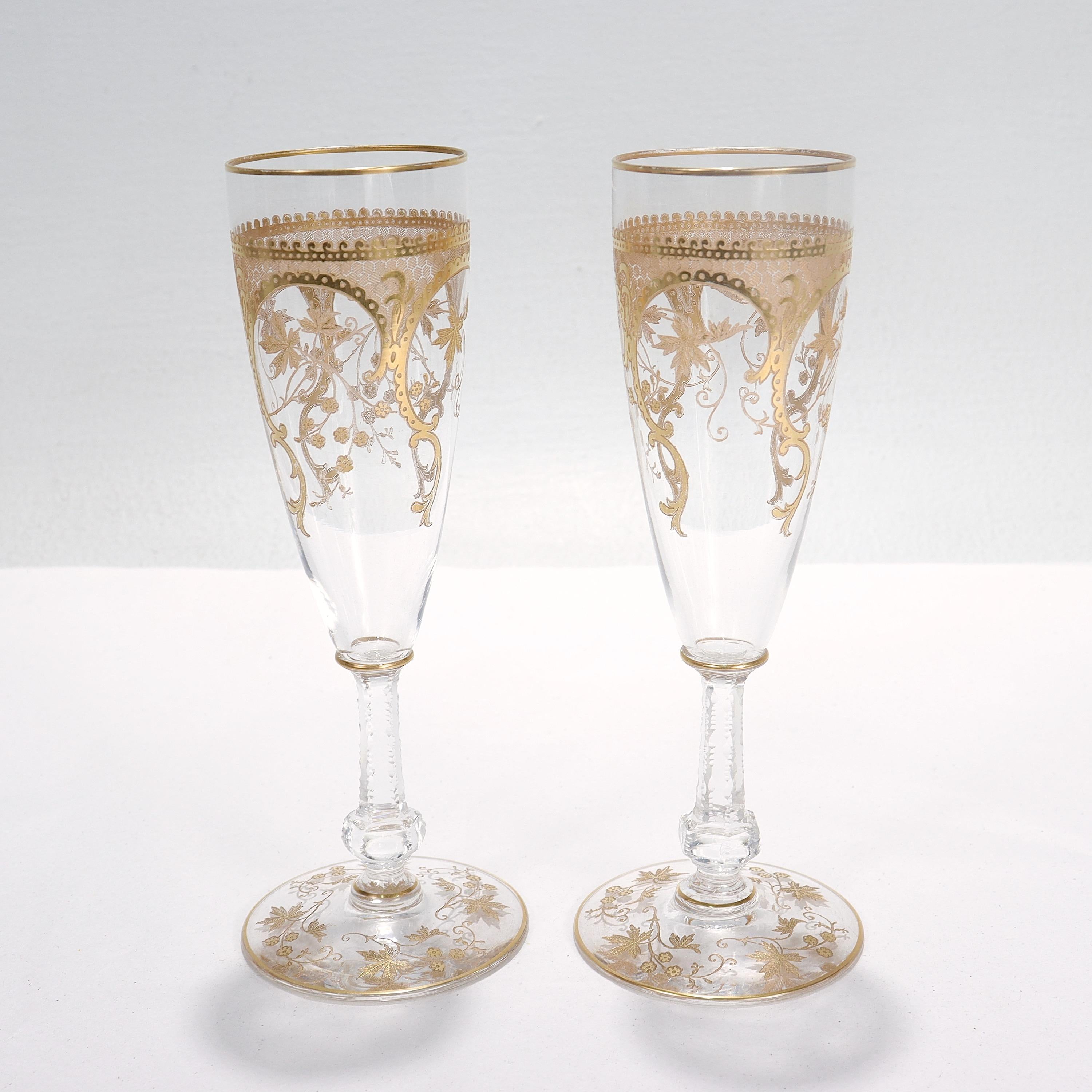 Pair of Richly Gilt Antique Etched & Cut Glass Champagne Stems / Toasting Flutes In Good Condition In Philadelphia, PA