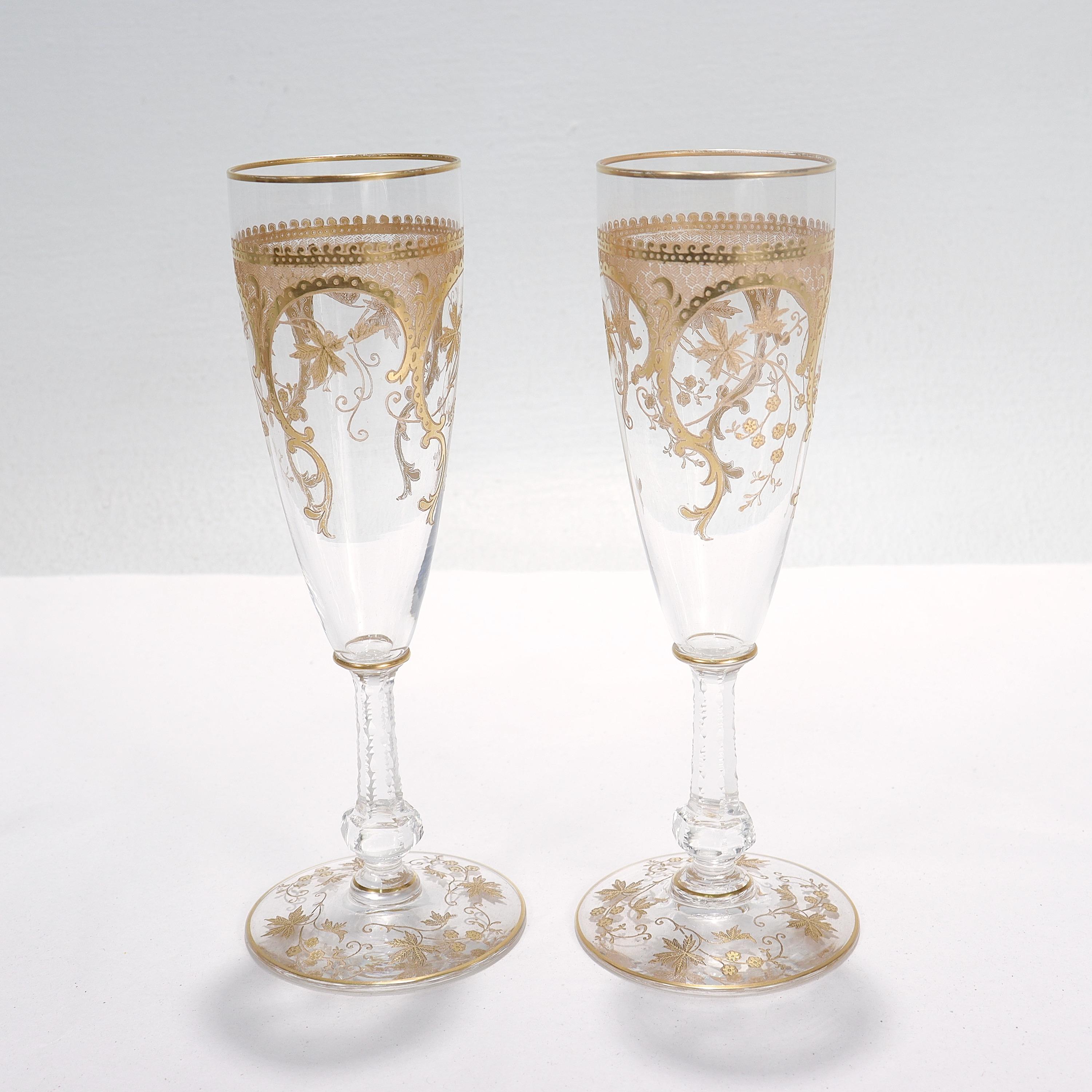 20th Century Pair of Richly Gilt Antique Etched & Cut Glass Champagne Stems / Toasting Flutes