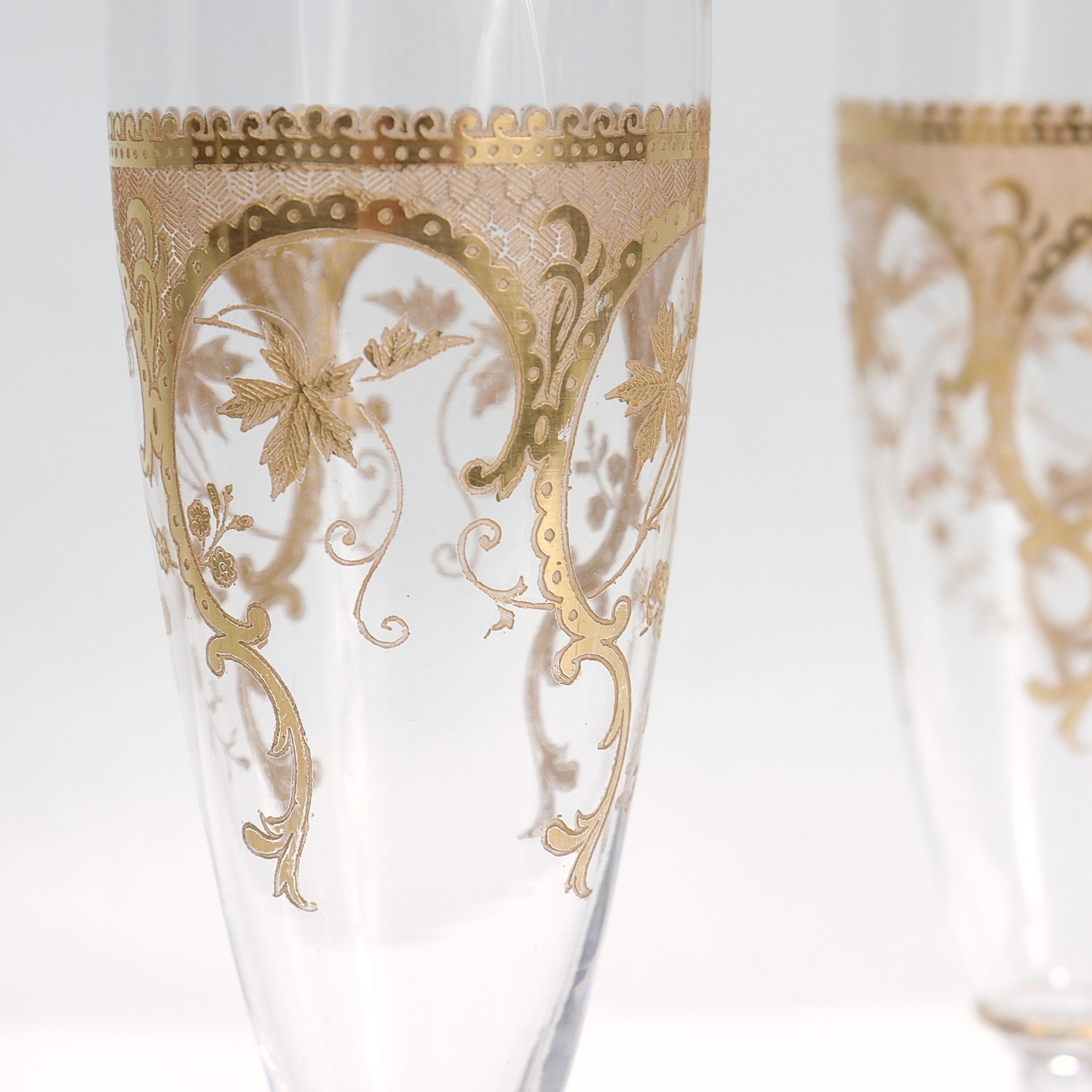 Pair of Richly Gilt Antique Etched & Cut Glass Champagne Stems / Toasting Flutes 1