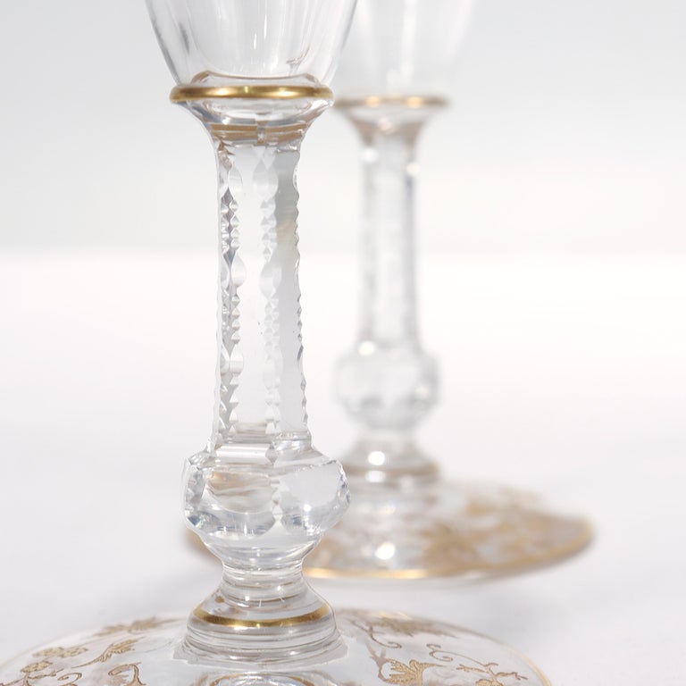 Pair of Richly Gilt Antique Etched and Cut Glass Champagne Stems
