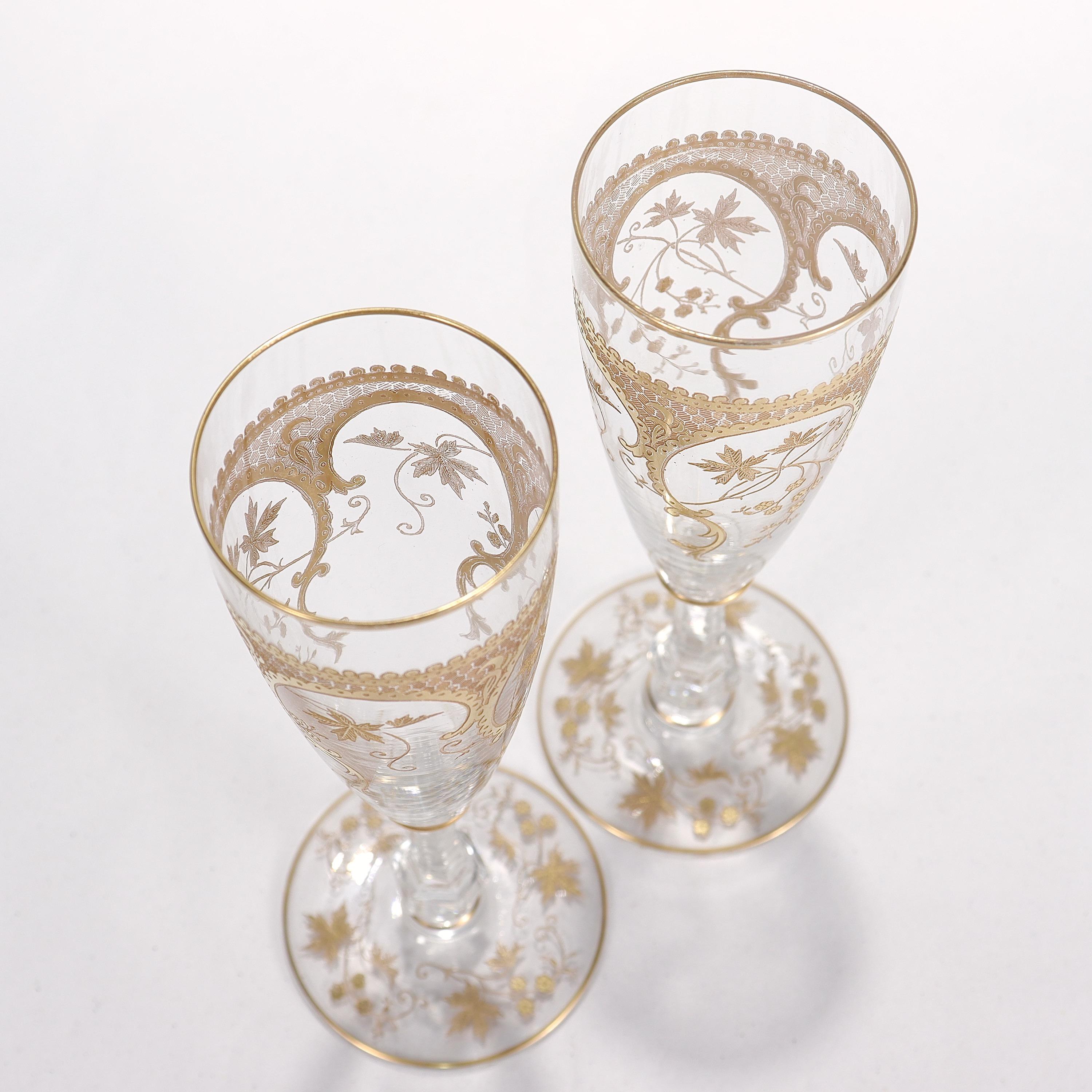 Pair of Richly Gilt Antique Etched & Cut Glass Champagne Stems / Toasting Flutes 3