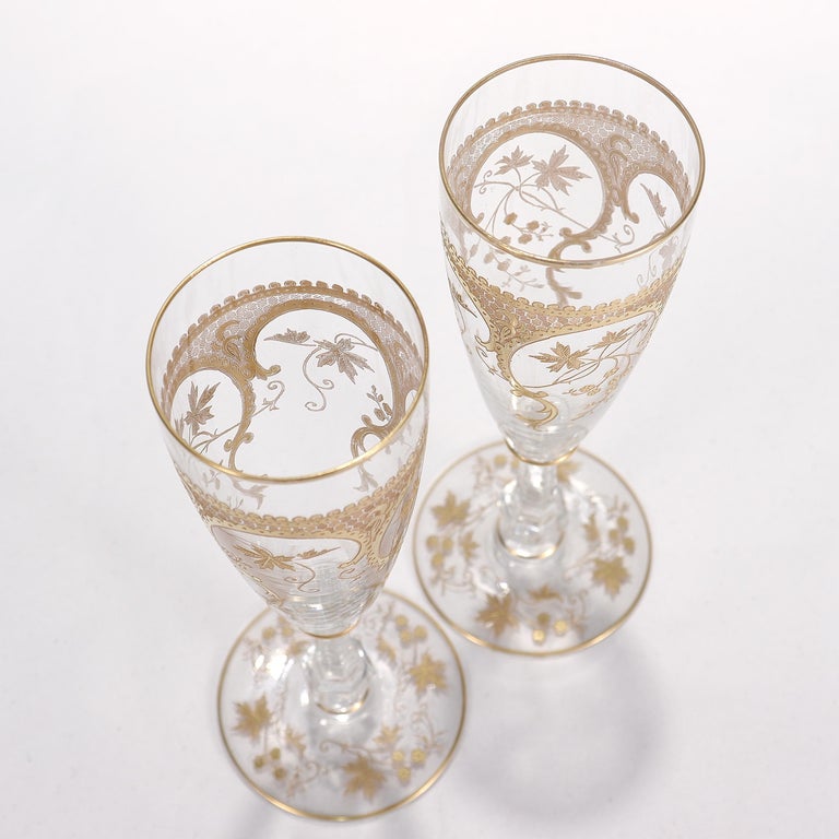 Pair of Richly Gilt Antique Etched and Cut Glass Champagne Stems