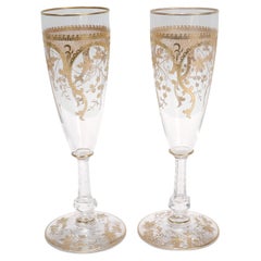 Pair of Richly Gilt Antique Etched & Cut Glass Champagne Stems / Toasting Flutes