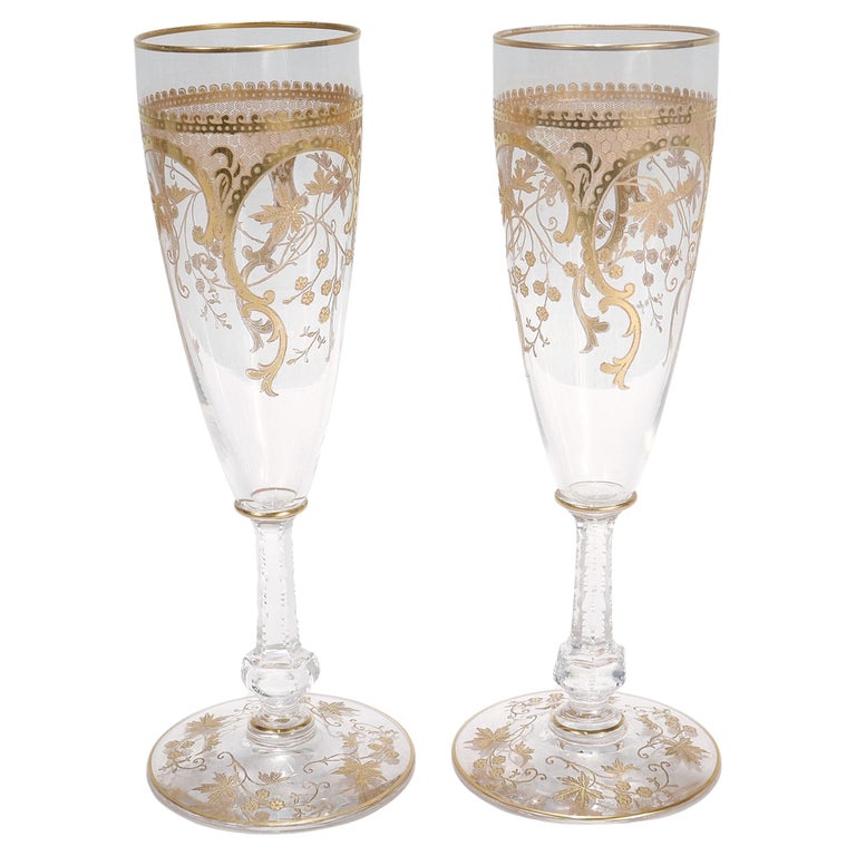 Pair of Richly Gilt Antique Etched and Cut Glass Champagne Stems