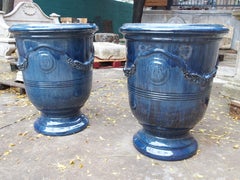 Pair of Richly Glazed Cobalt Blue Garden Pots from Anduze, France