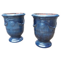 Pair of Richly Glazed Cobalt Blue Garden Pots from Anduze, France