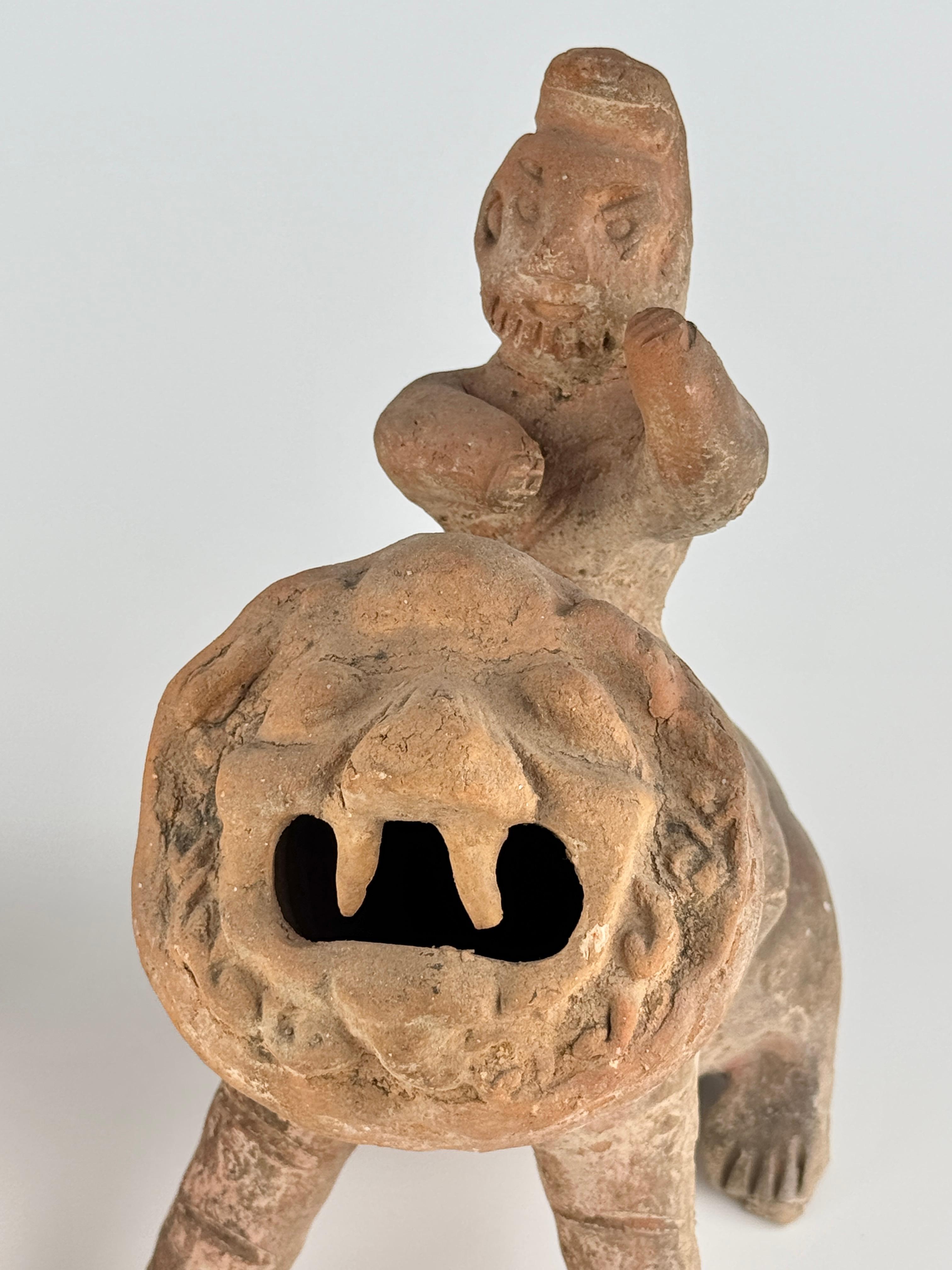 Pottery Pair of Rider Figures on Mythical Beasts Possibly from Qing Dynasty For Sale