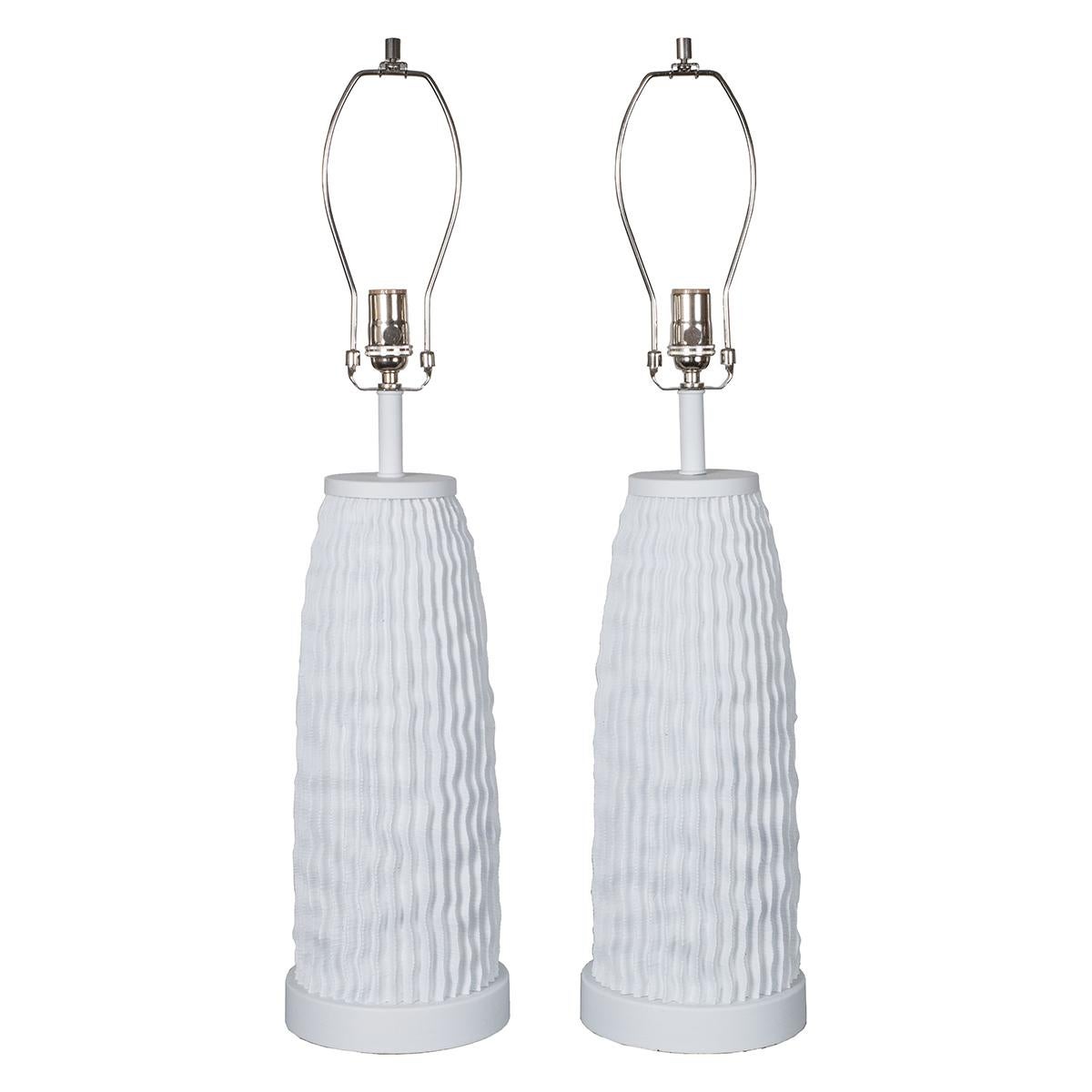 Pair of white organic, ridged composition table lamps.