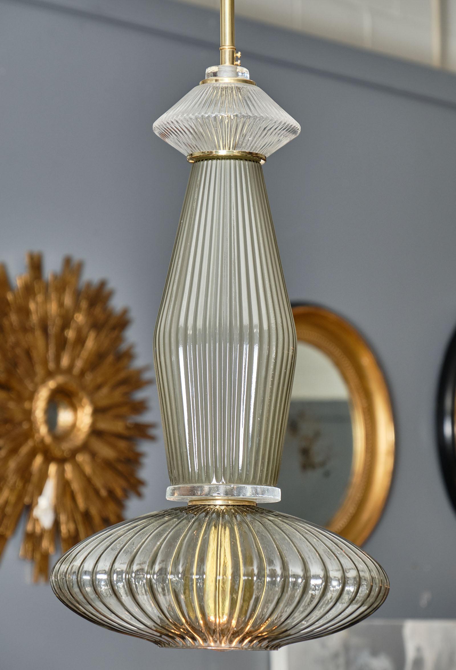 Modern Pair of Ridged Murano Glass Pendants 