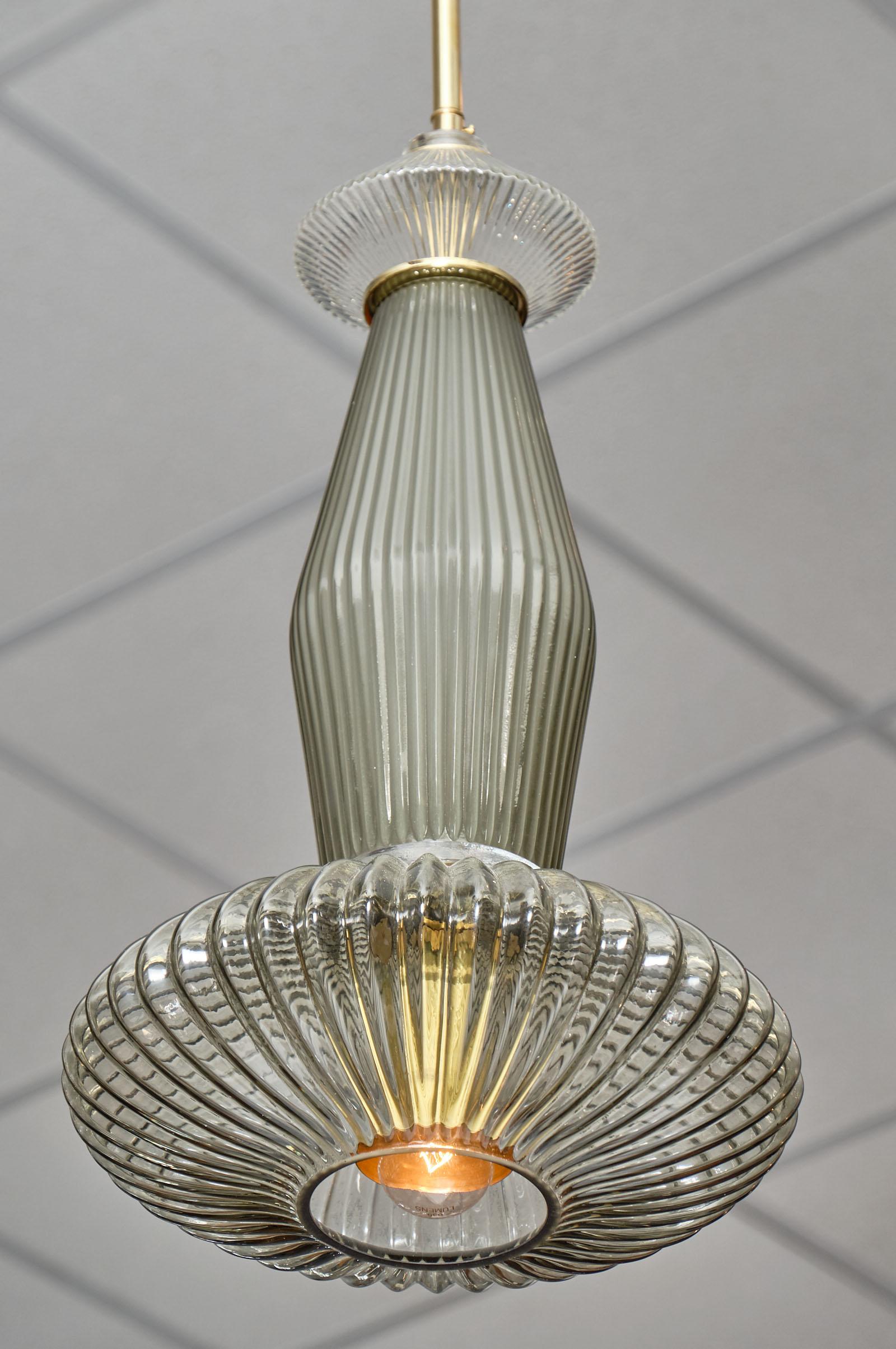 Italian Pair of Ridged Murano Glass Pendants 