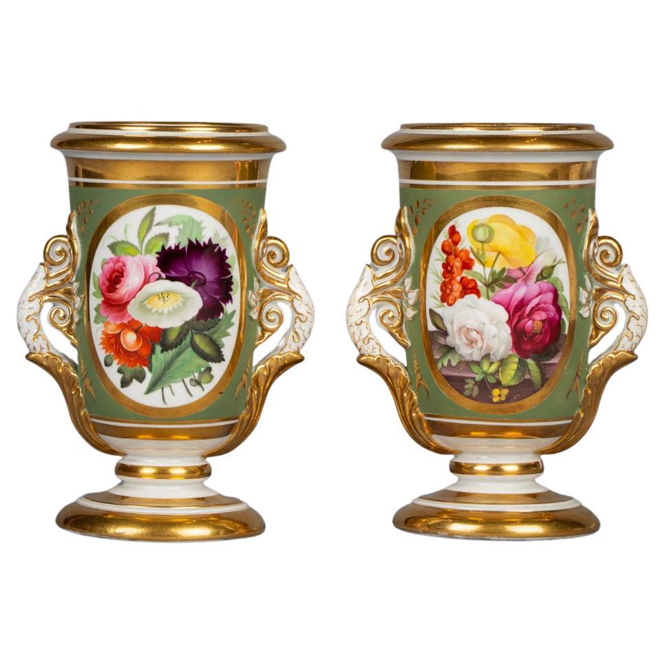Pair of Ridgway Green and Gilt Ground Spill Vases, circa 1825 For Sale